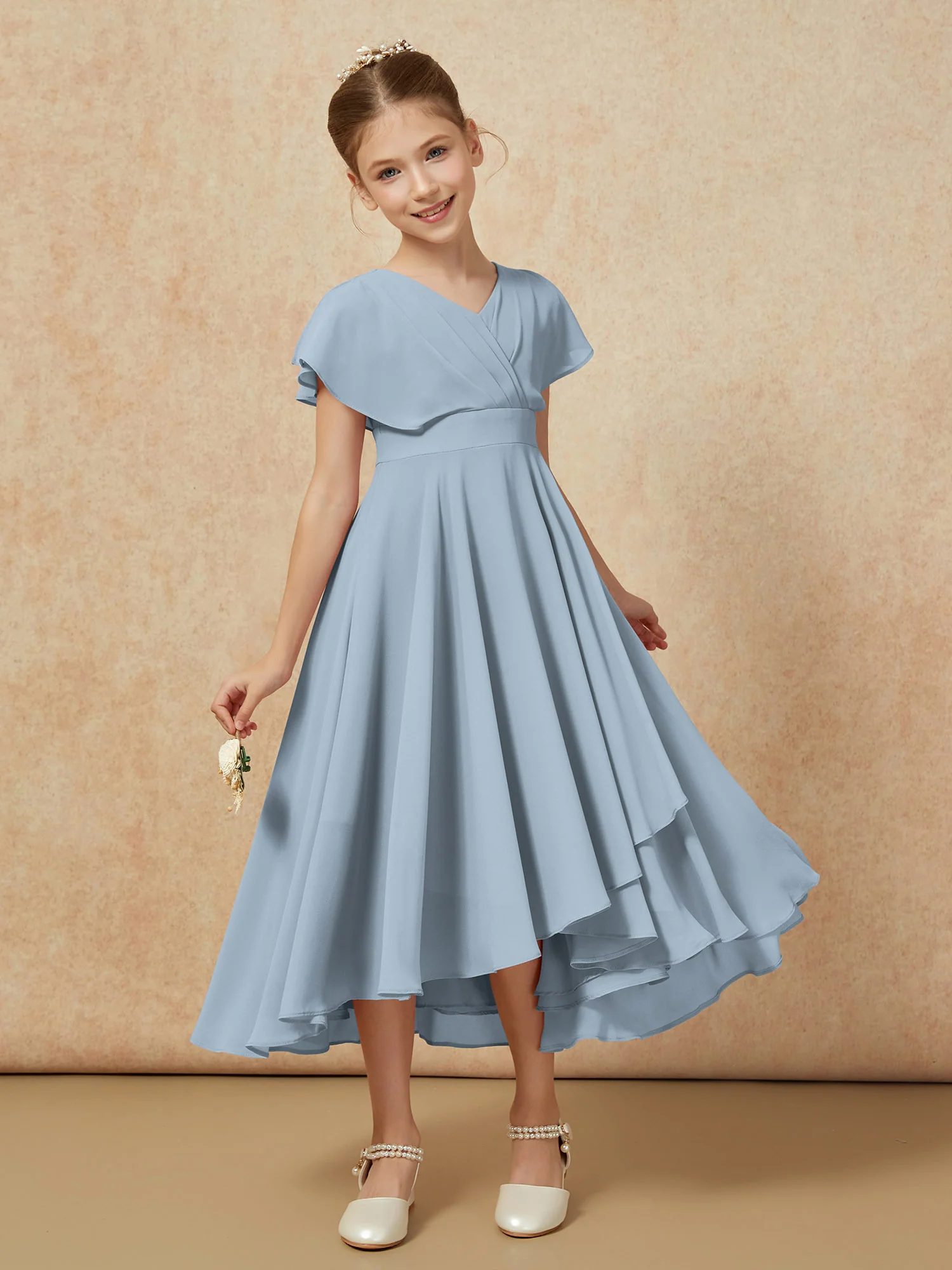 V-neck Chiffon Asymmetrical Junior Bridesmaid Dresses Dusty Blue - Image 6