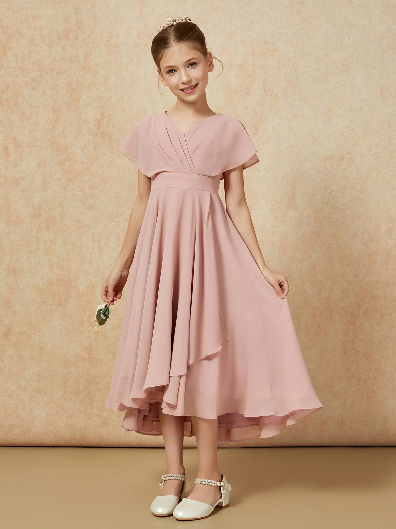 V-neck Chiffon Asymmetrical Junior Bridesmaid Dresses Dusty Rose - Image 5