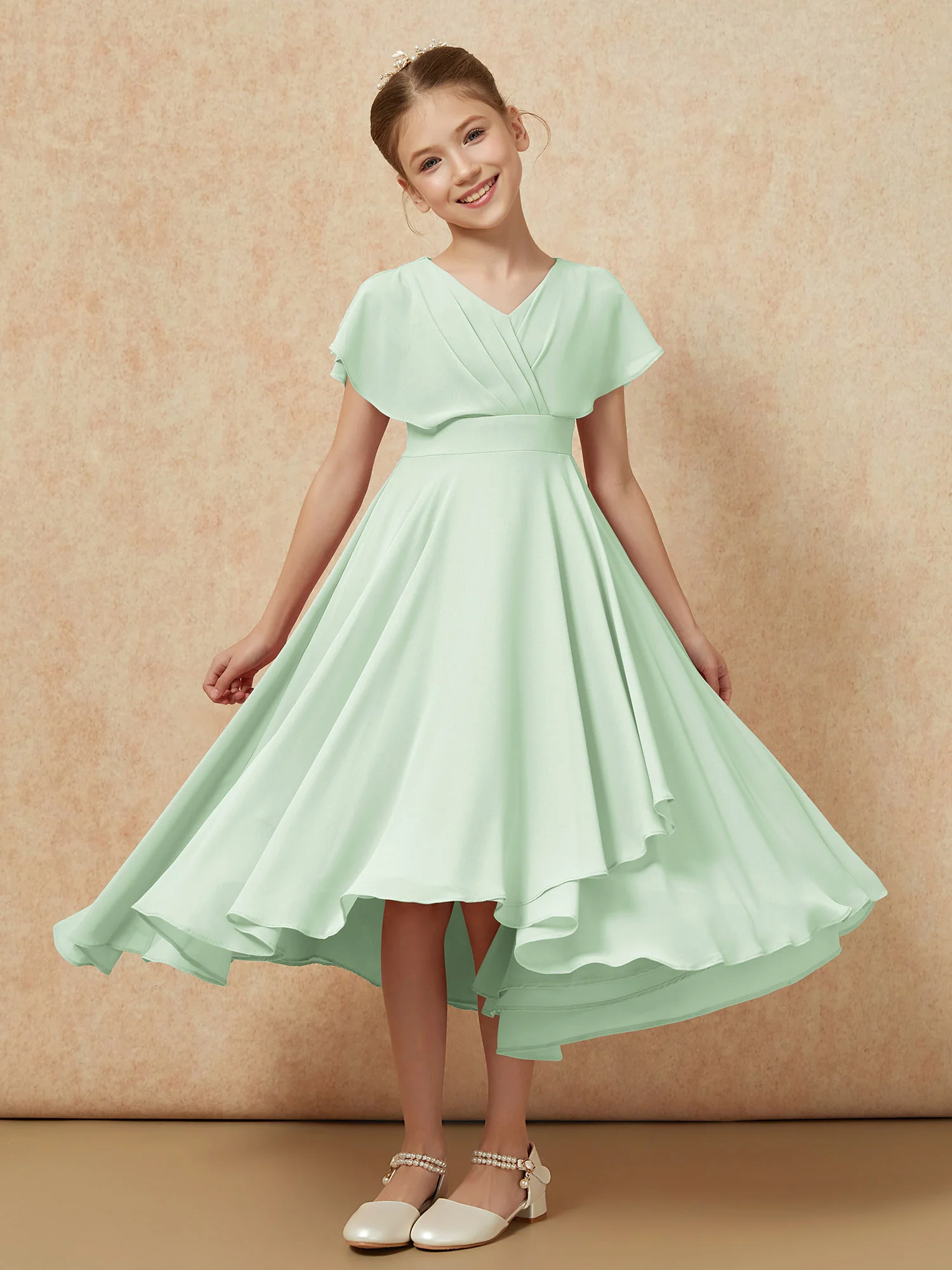 V-neck Chiffon Asymmetrical Junior Bridesmaid Dresses Dusty Sage