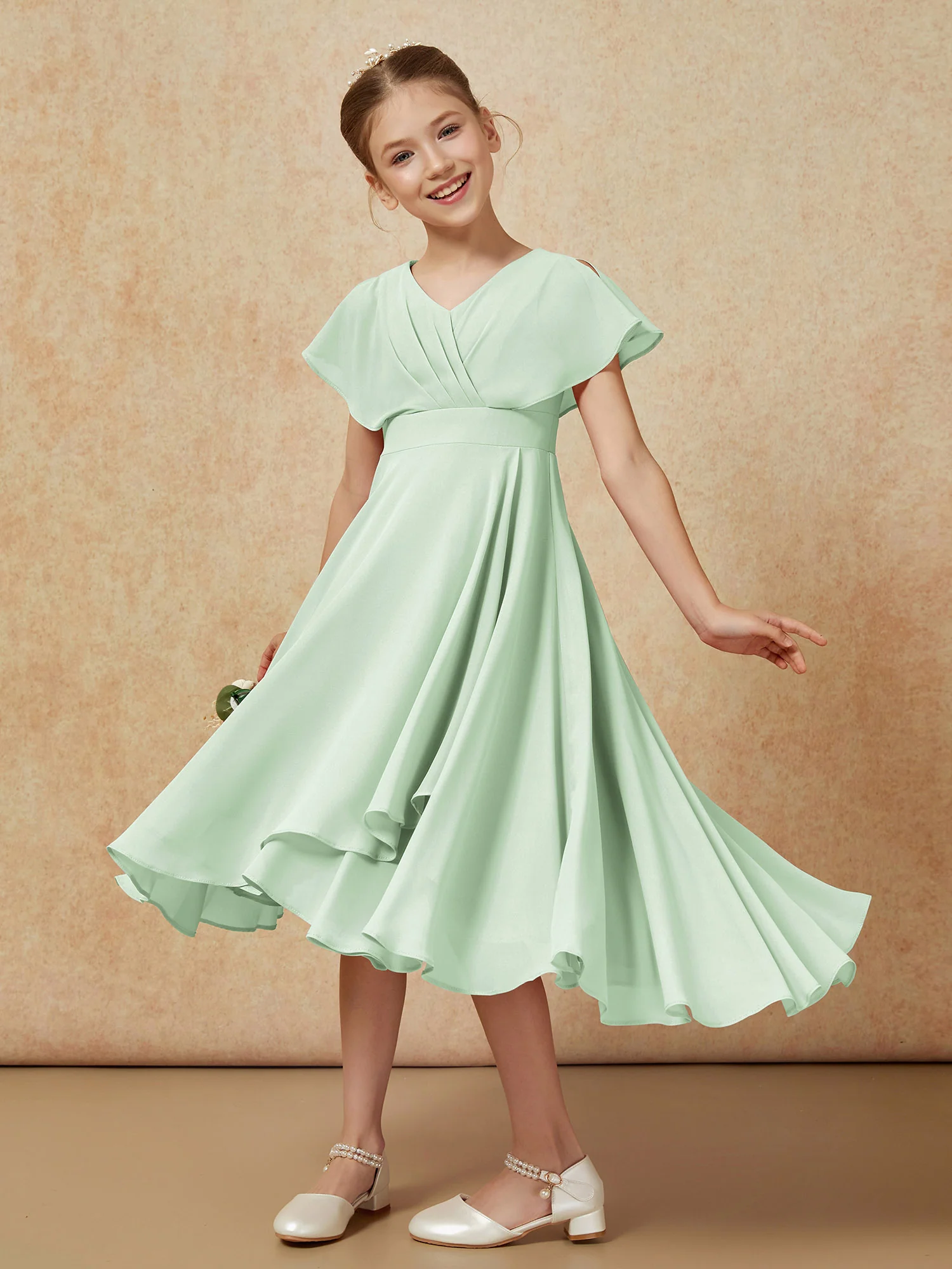 V-neck Chiffon Asymmetrical Junior Bridesmaid Dresses Dusty Sage - Image 4