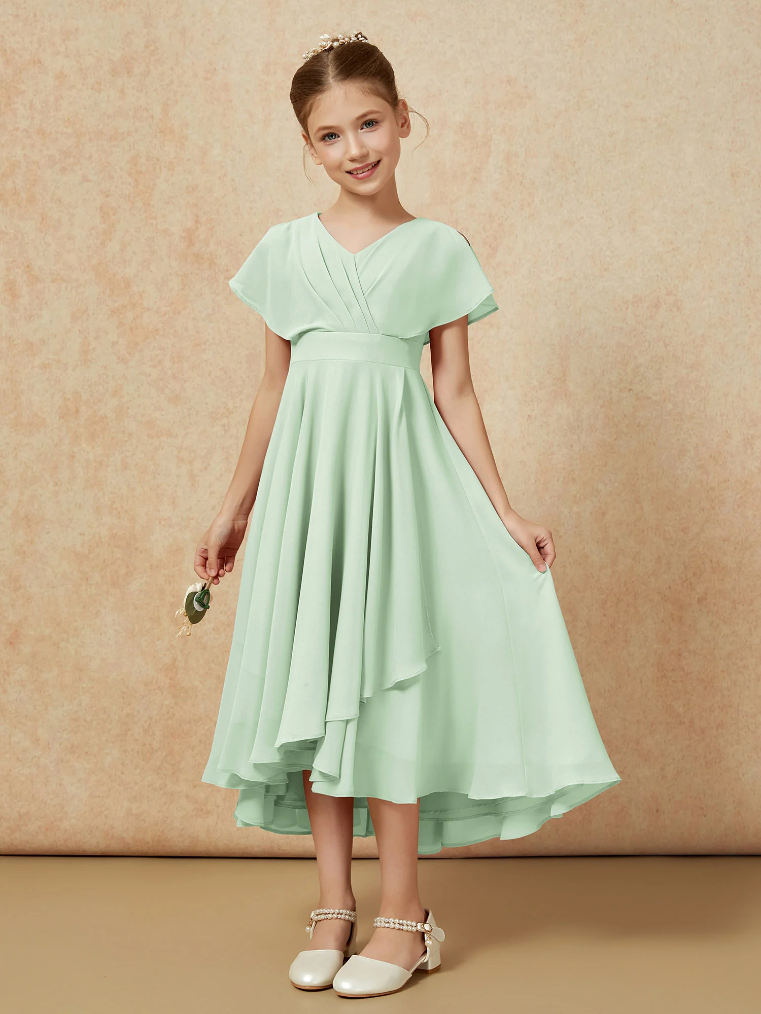 V-neck Chiffon Asymmetrical Junior Bridesmaid Dresses Dusty Sage - Image 5