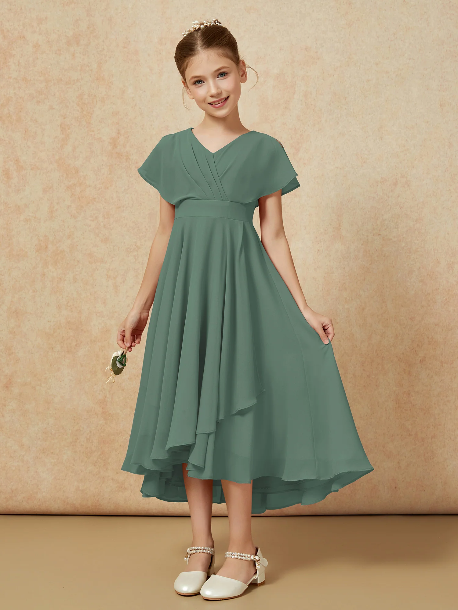 V-neck Chiffon Asymmetrical Junior Bridesmaid Dresses Eucalyptus - Image 5
