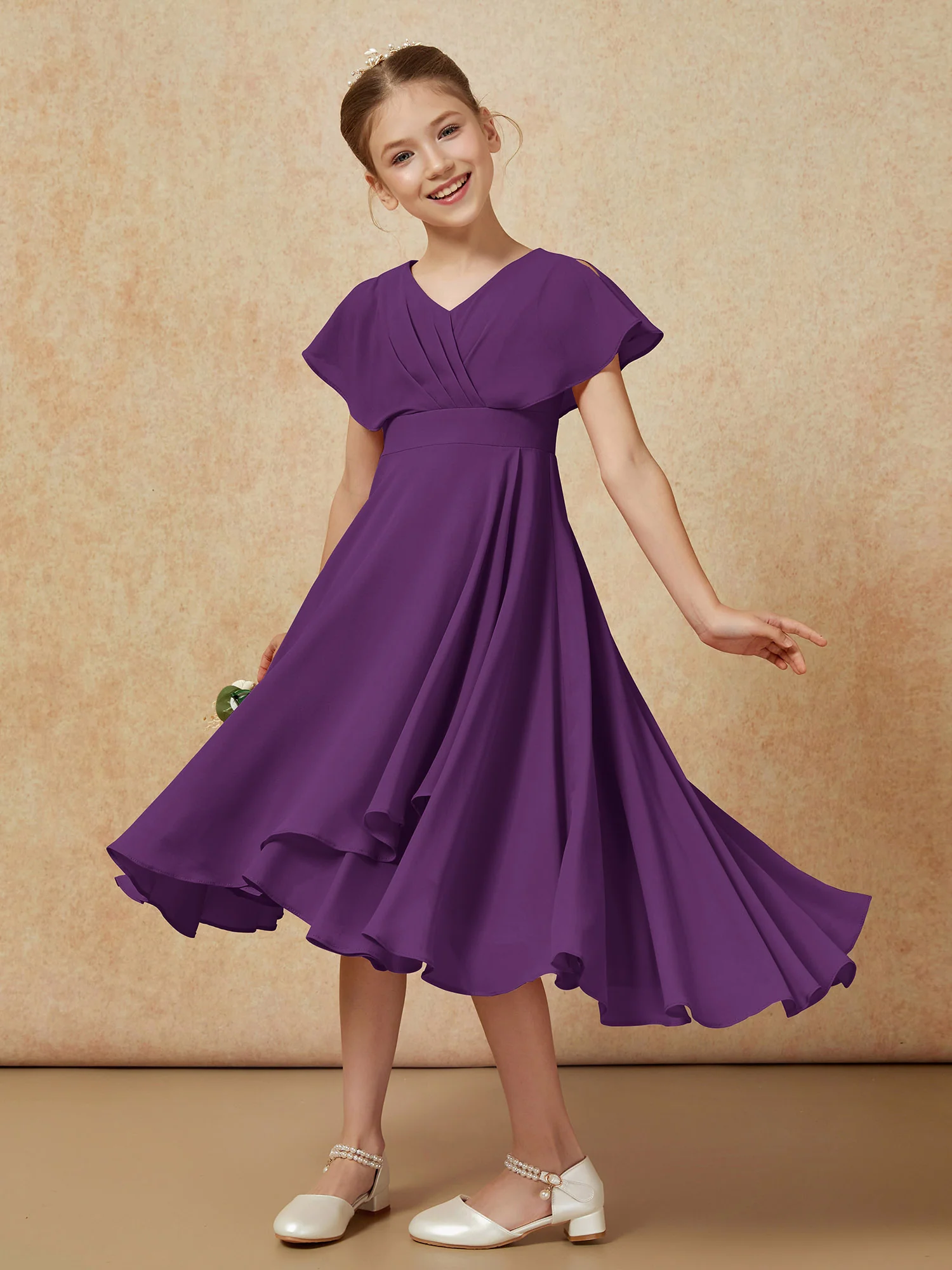 V-neck Chiffon Asymmetrical Junior Bridesmaid Dresses Grape - Image 4
