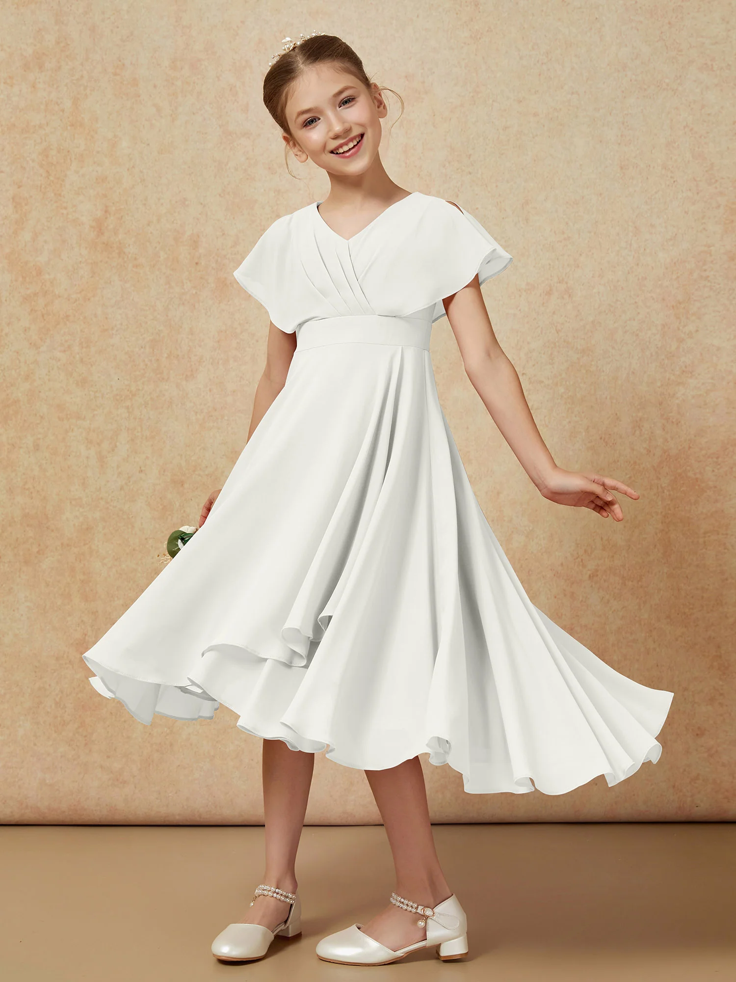 V-neck Chiffon Asymmetrical Junior Bridesmaid Dresses Ivory - Image 4