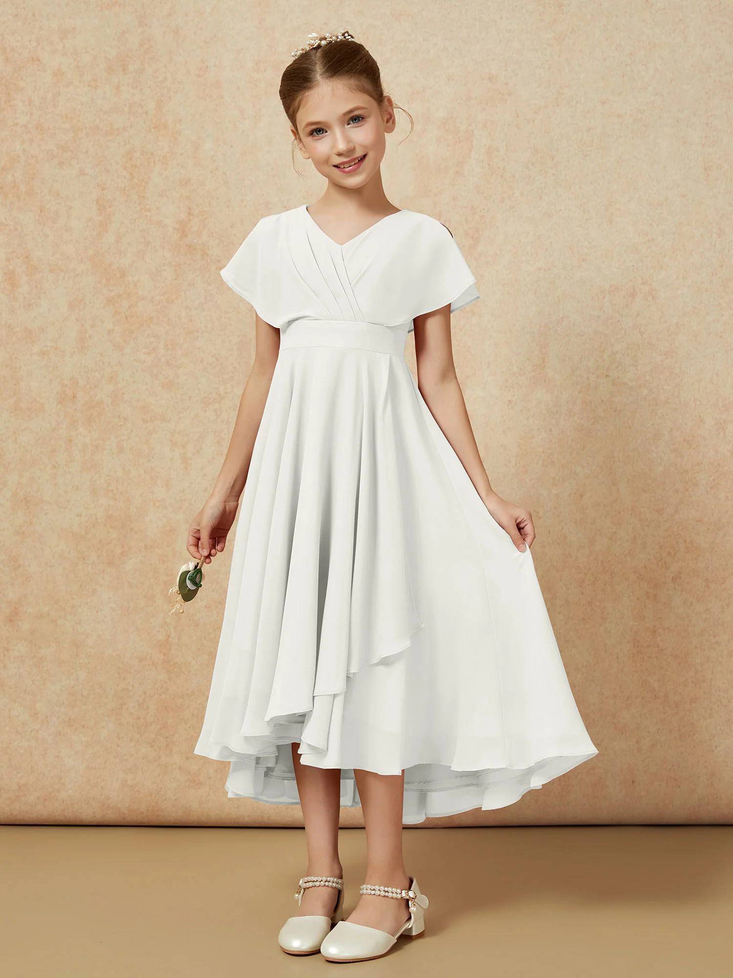 V-neck Chiffon Asymmetrical Junior Bridesmaid Dresses Ivory - Image 5