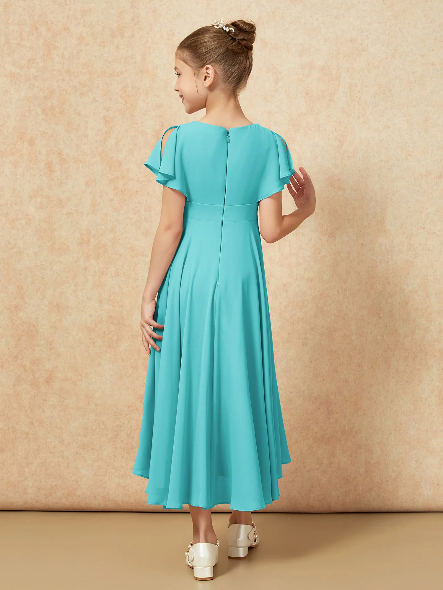 V-neck Chiffon Asymmetrical Junior Bridesmaid Dresses Jade - Image 2