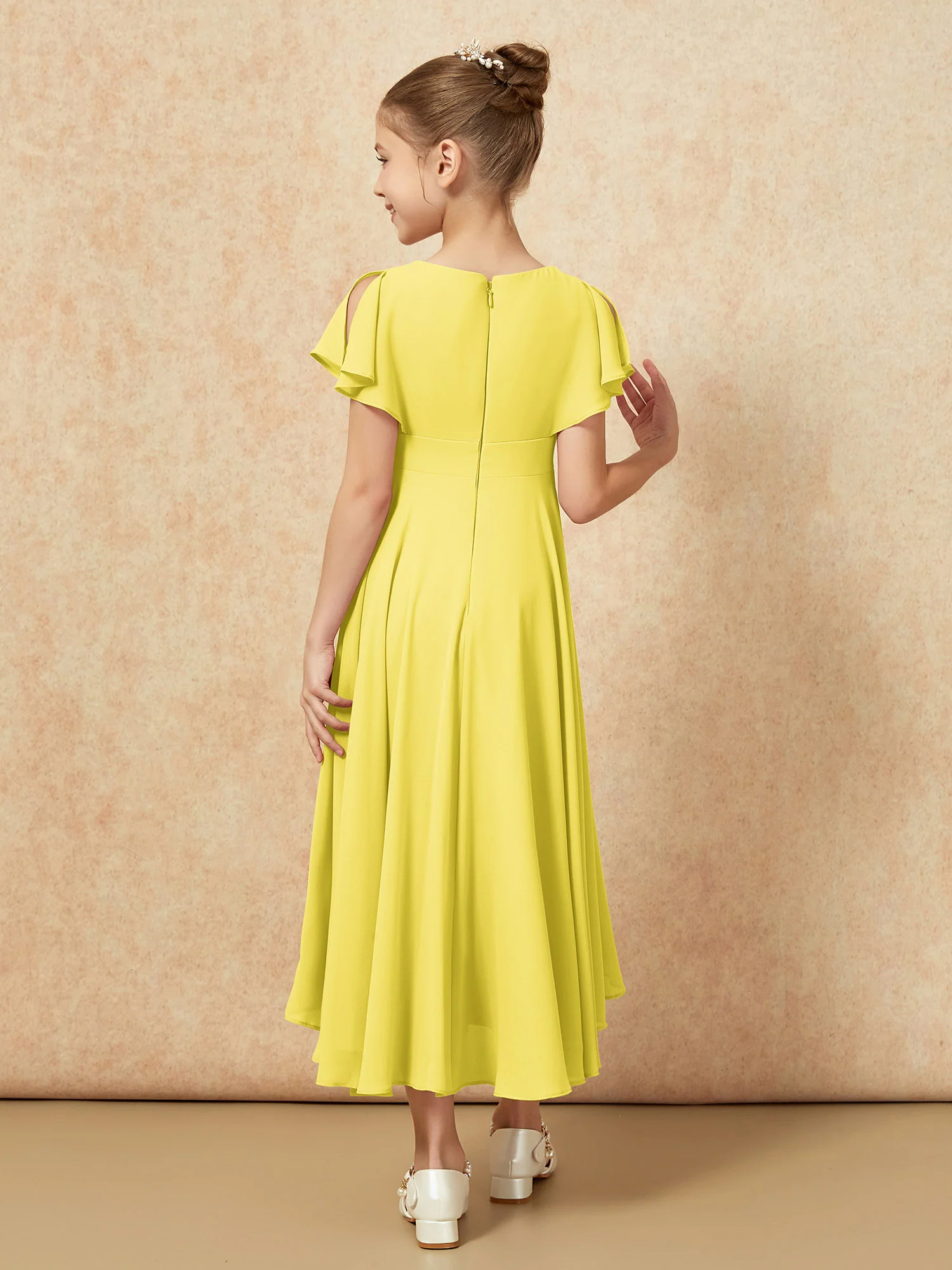 V-neck Chiffon Asymmetrical Junior Bridesmaid Dresses Lemon - Image 2