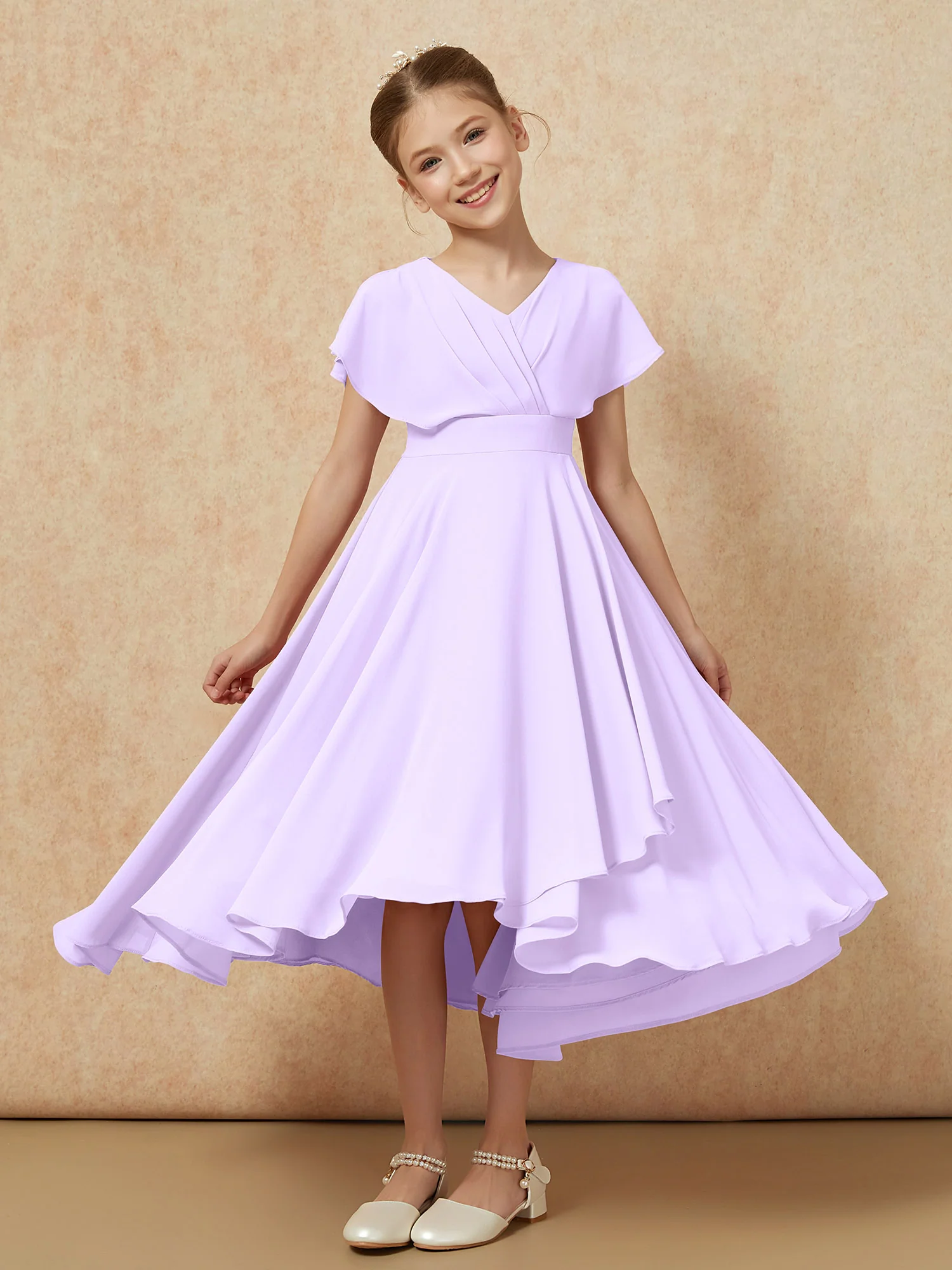 V-neck Chiffon Asymmetrical Junior Bridesmaid Dresses Lilac