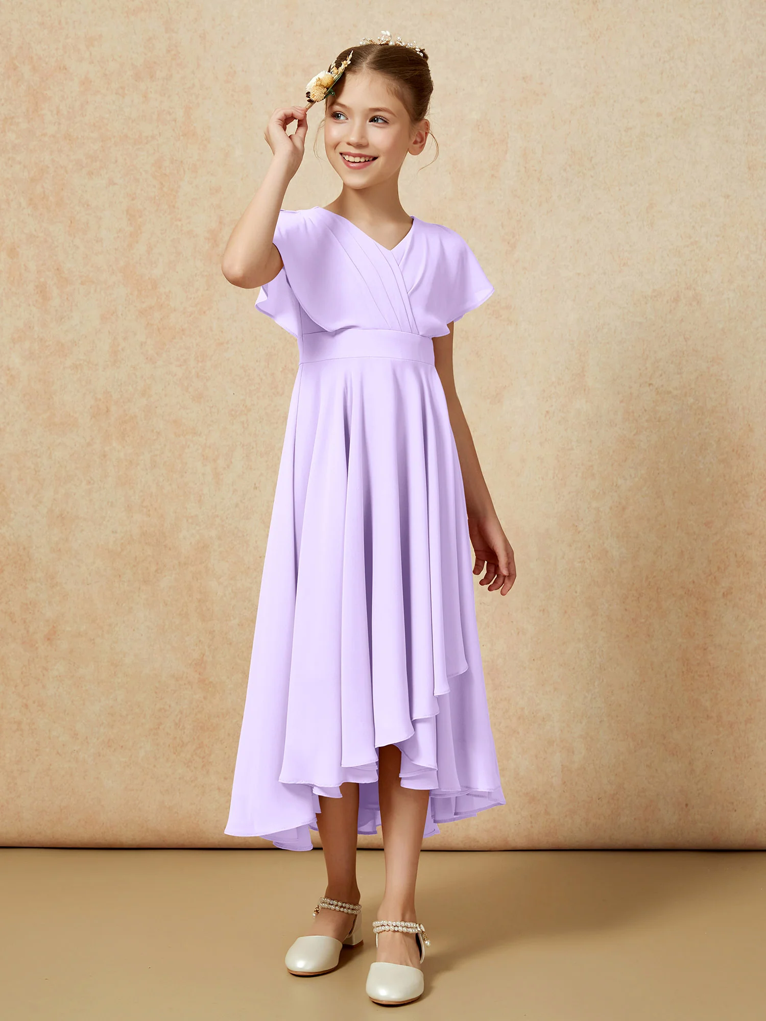 V-neck Chiffon Asymmetrical Junior Bridesmaid Dresses Lilac - Image 3