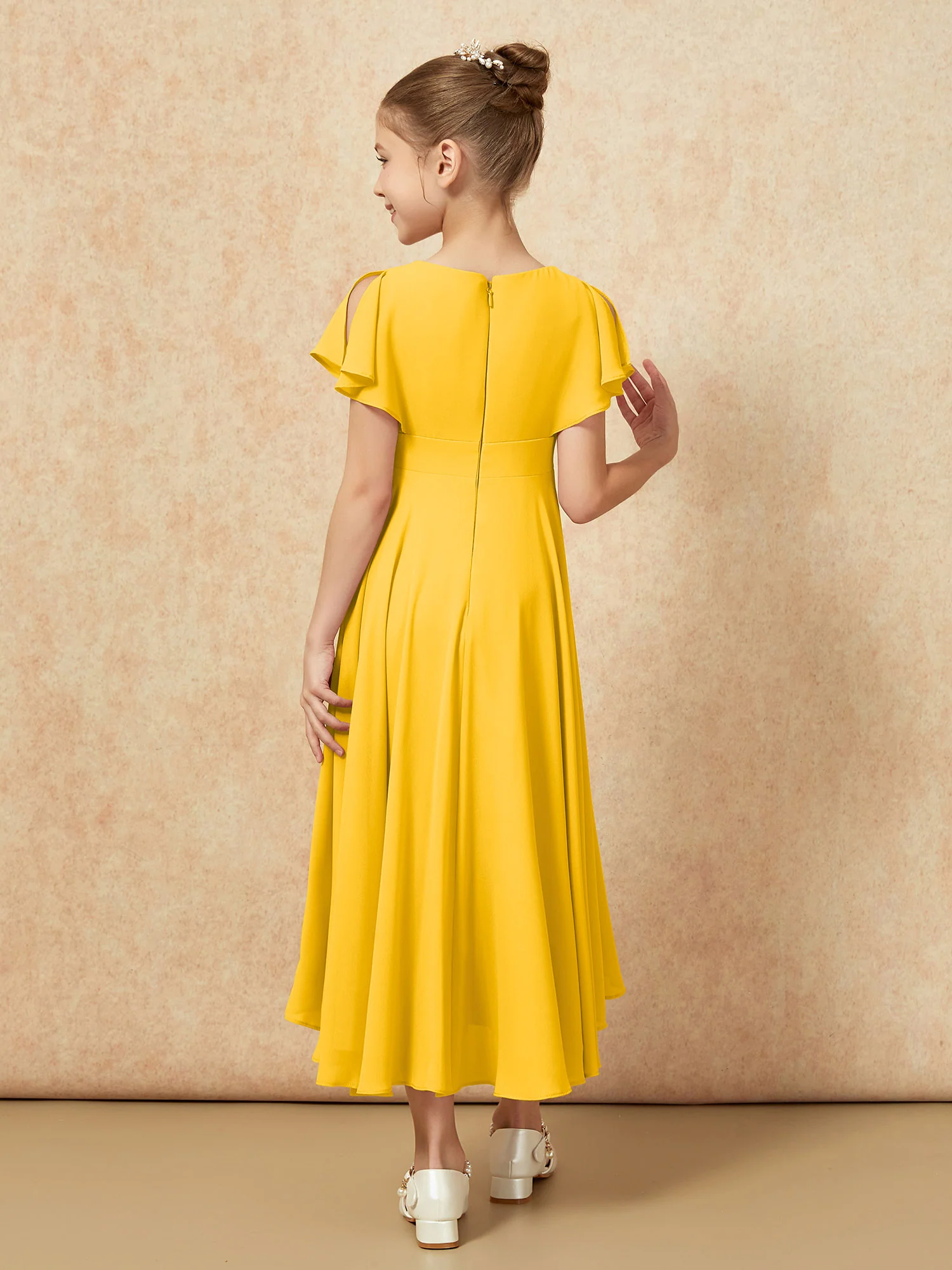 V-neck Chiffon Asymmetrical Junior Bridesmaid Dresses Marigold - Image 2