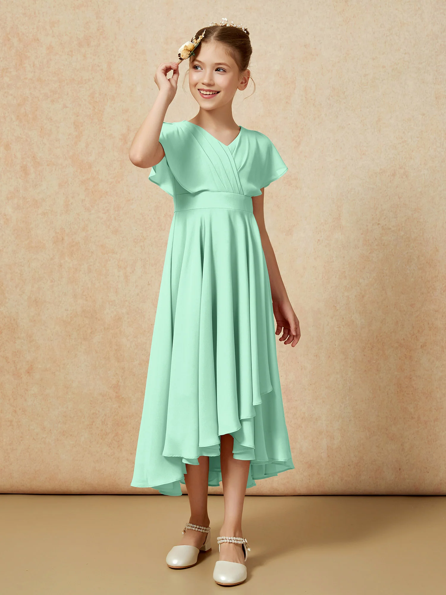 V-neck Chiffon Asymmetrical Junior Bridesmaid Dresses Mint Green - Image 3