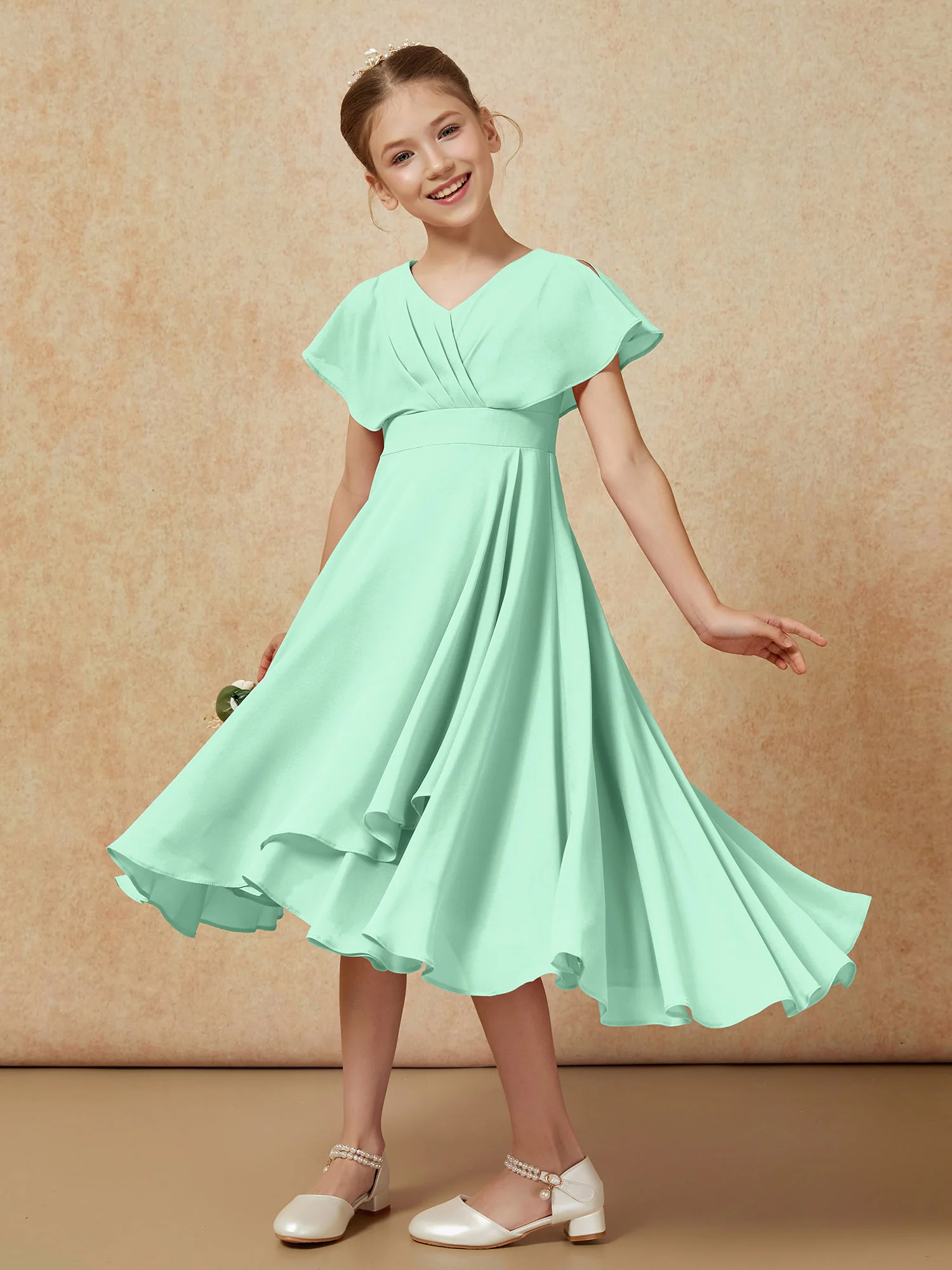 V-neck Chiffon Asymmetrical Junior Bridesmaid Dresses Mint Green - Image 4