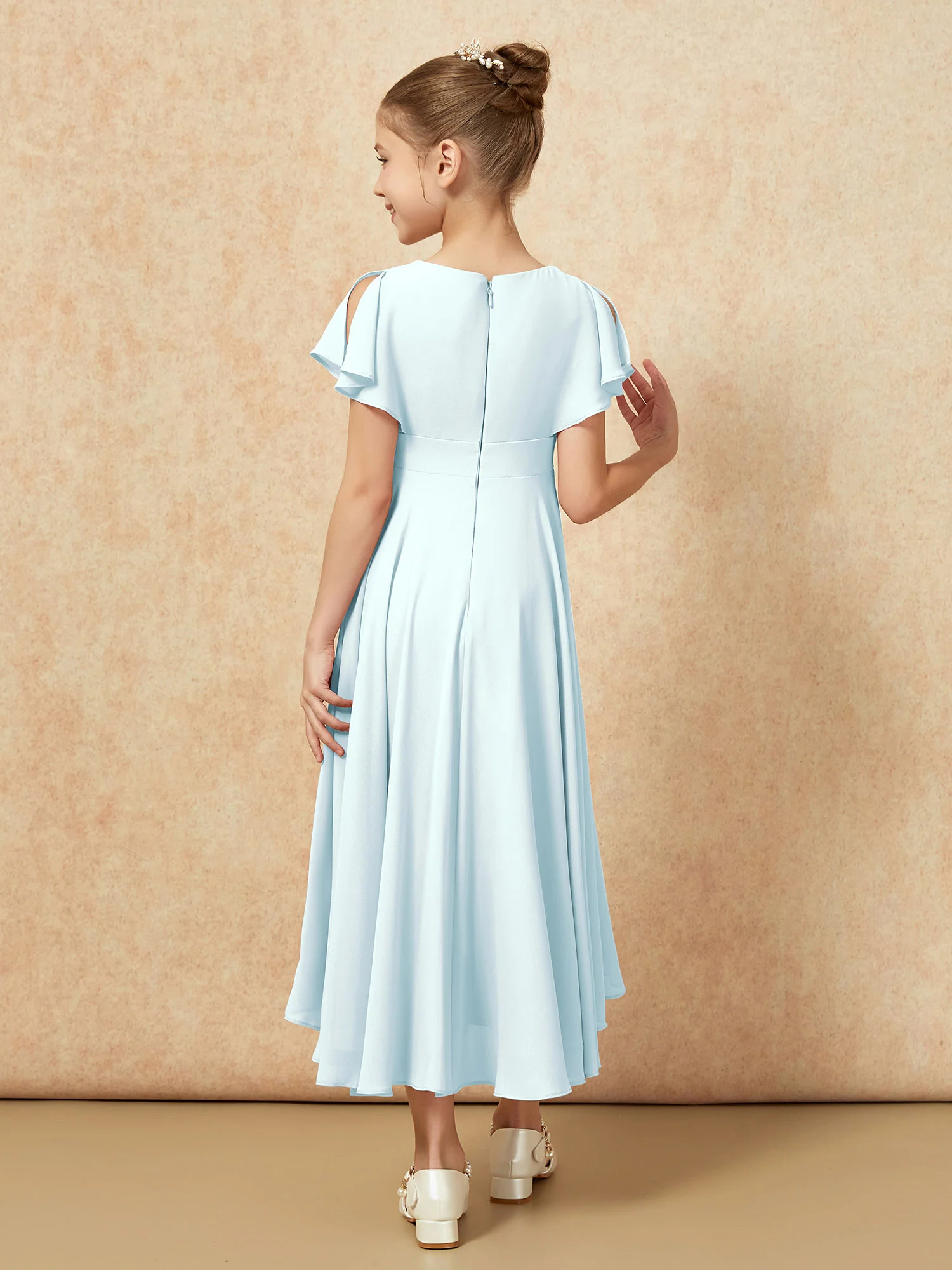 V-neck Chiffon Asymmetrical Junior Bridesmaid Dresses Mist - Image 2