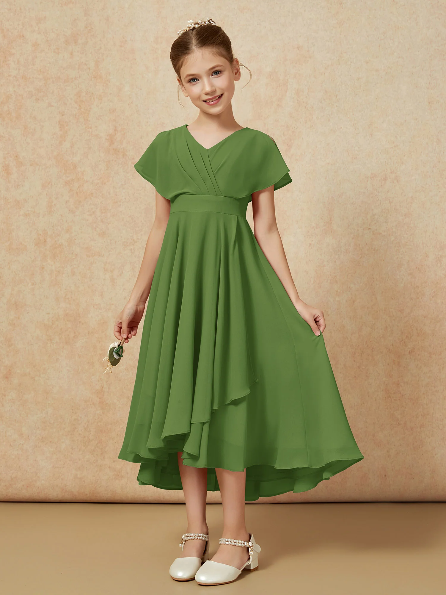 V-neck Chiffon Asymmetrical Junior Bridesmaid Dresses Moss - Image 5