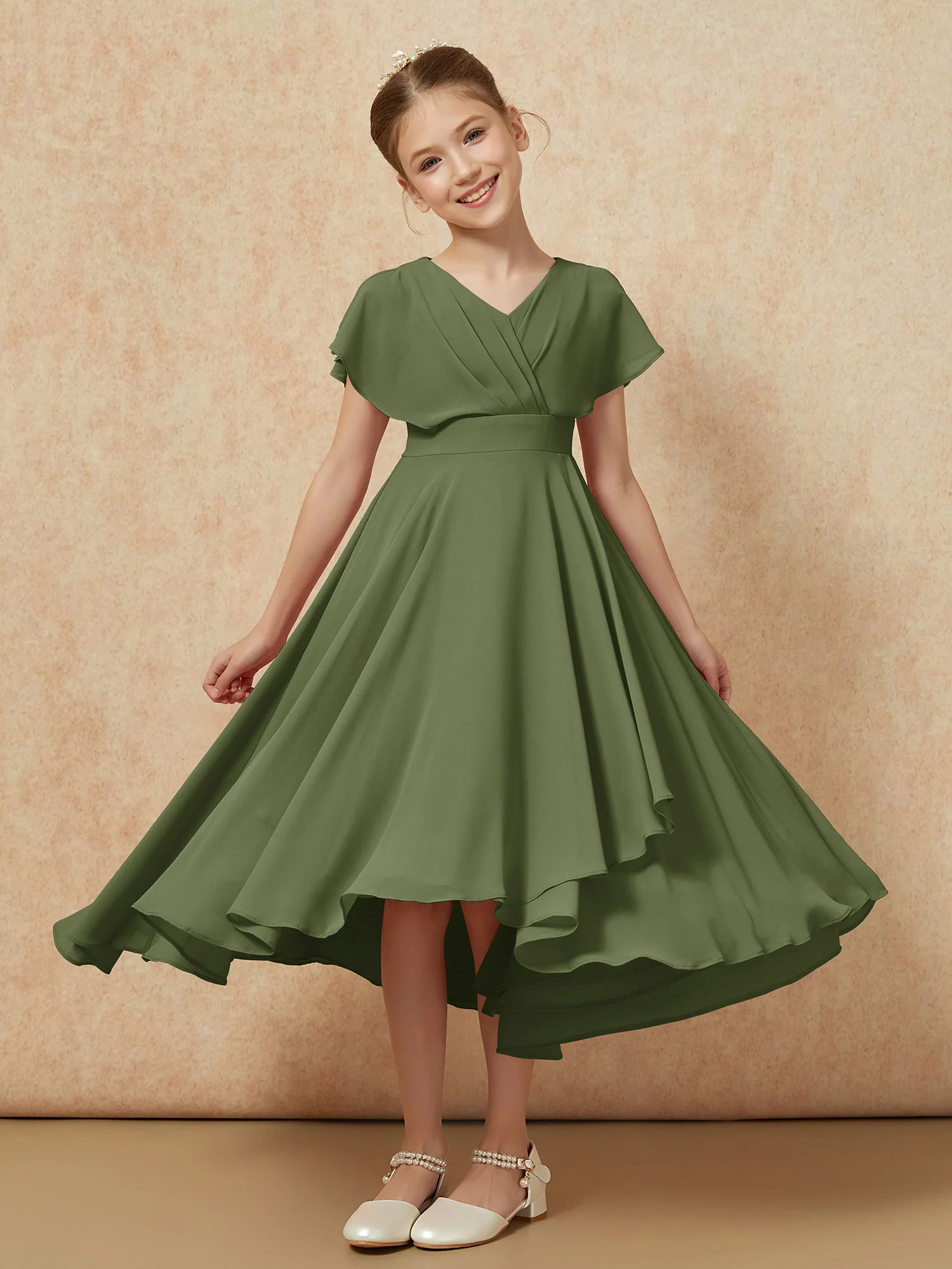 V-neck Chiffon Asymmetrical Junior Bridesmaid Dresses Olive Green