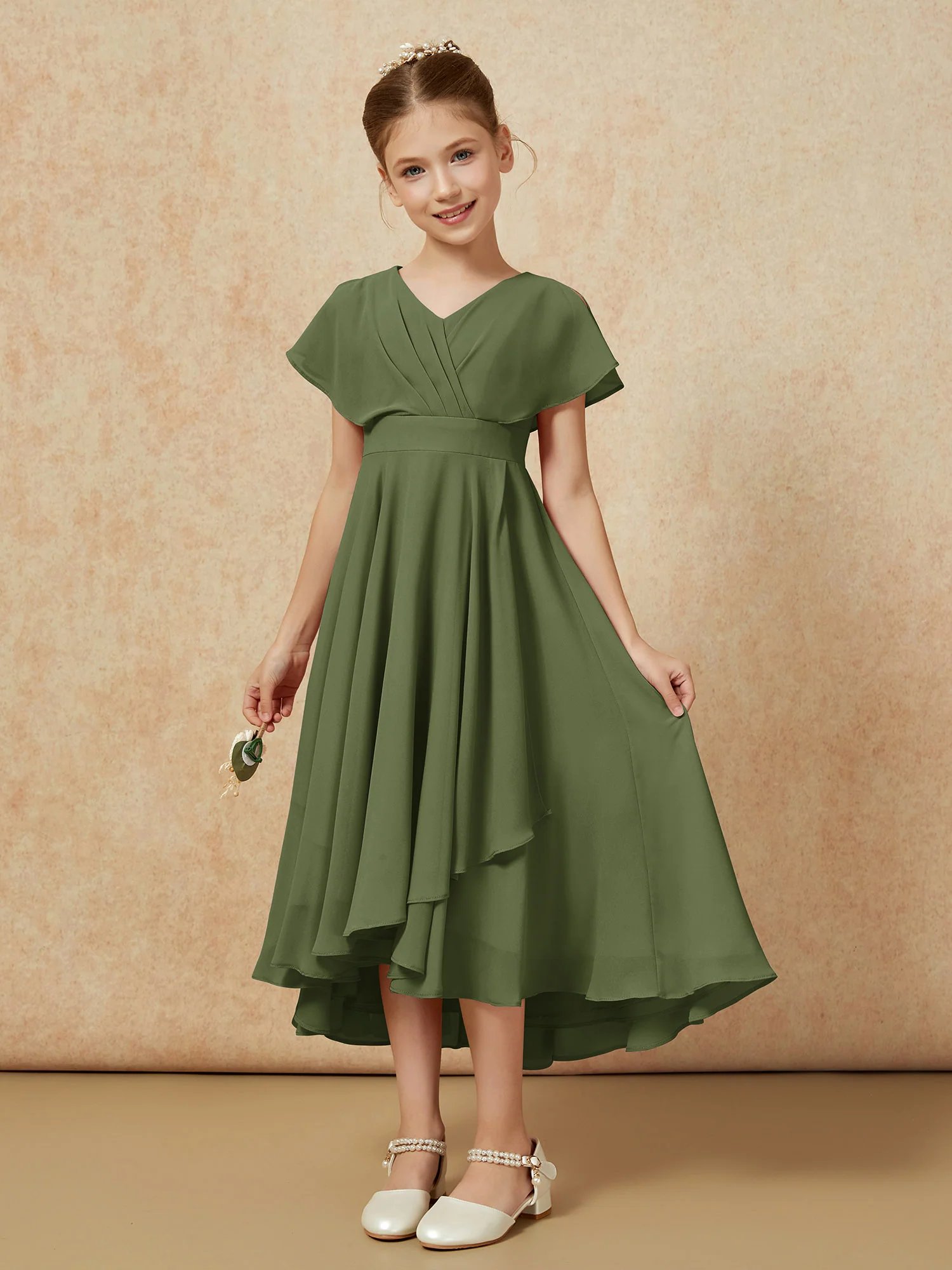 V-neck Chiffon Asymmetrical Junior Bridesmaid Dresses Olive Green - Image 5
