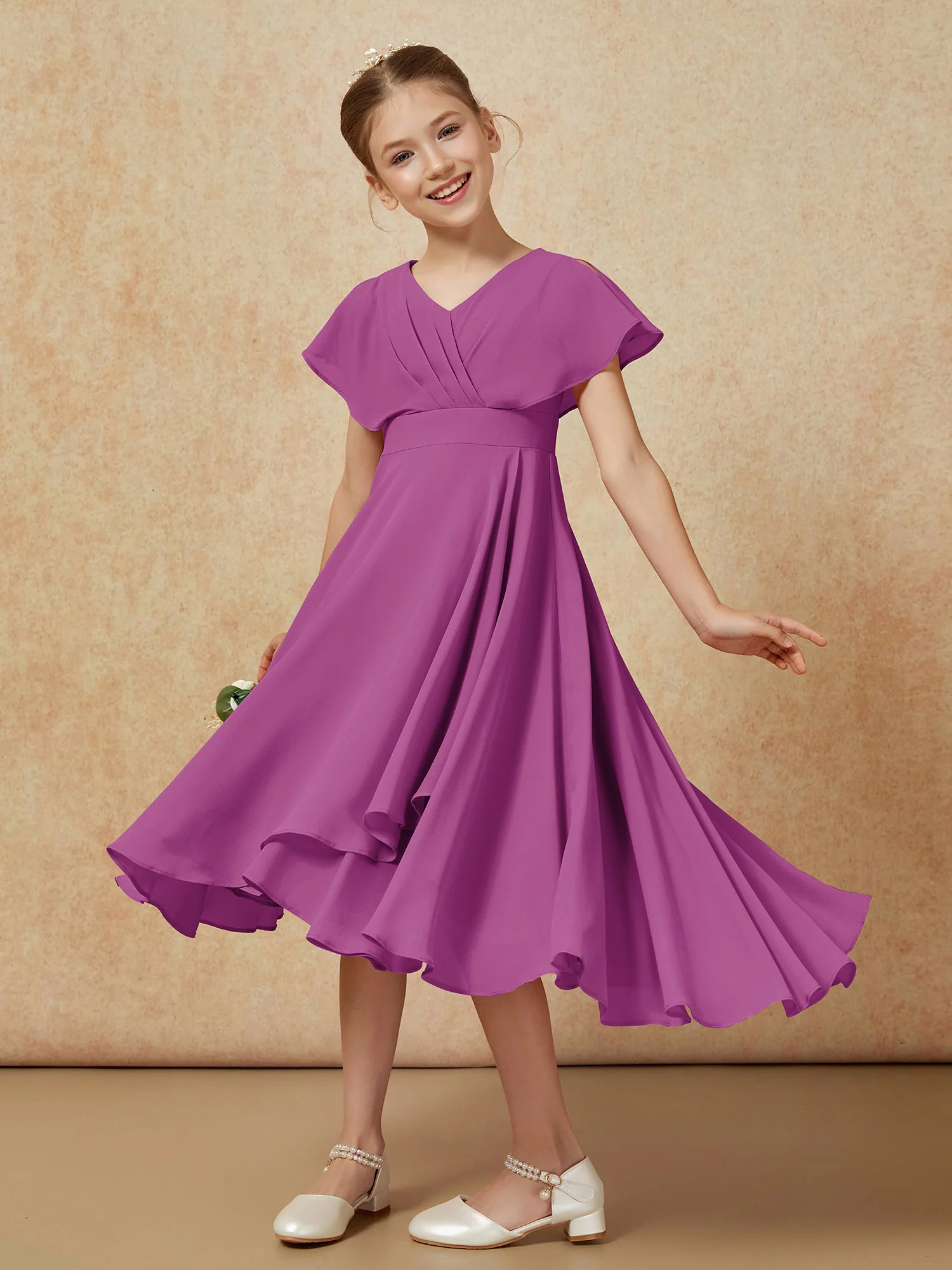 V-neck Chiffon Asymmetrical Junior Bridesmaid Dresses Orchid - Image 4
