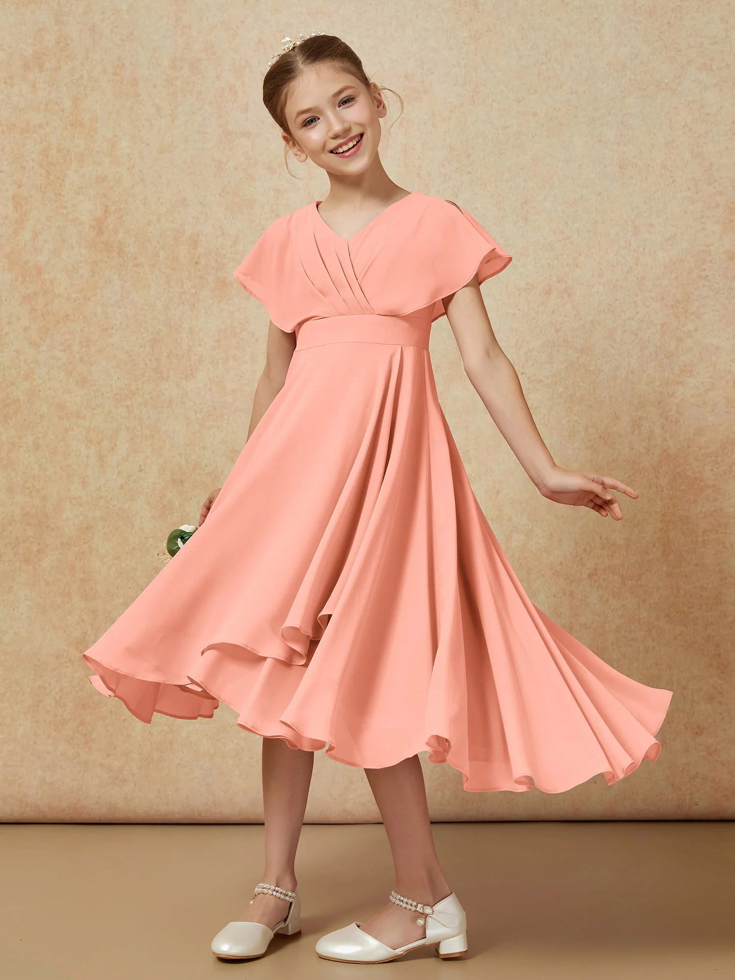 V-neck Chiffon Asymmetrical Junior Bridesmaid Dresses Papaya - Image 4