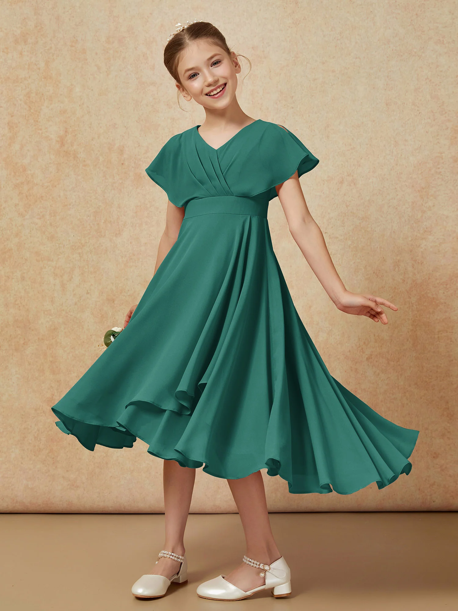 V-neck Chiffon Asymmetrical Junior Bridesmaid Dresses Peacock - Image 4