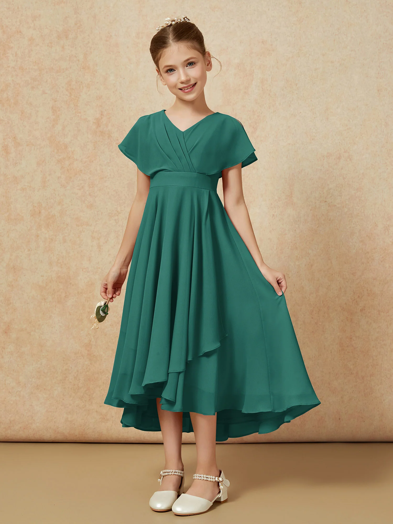 V-neck Chiffon Asymmetrical Junior Bridesmaid Dresses Peacock - Image 5