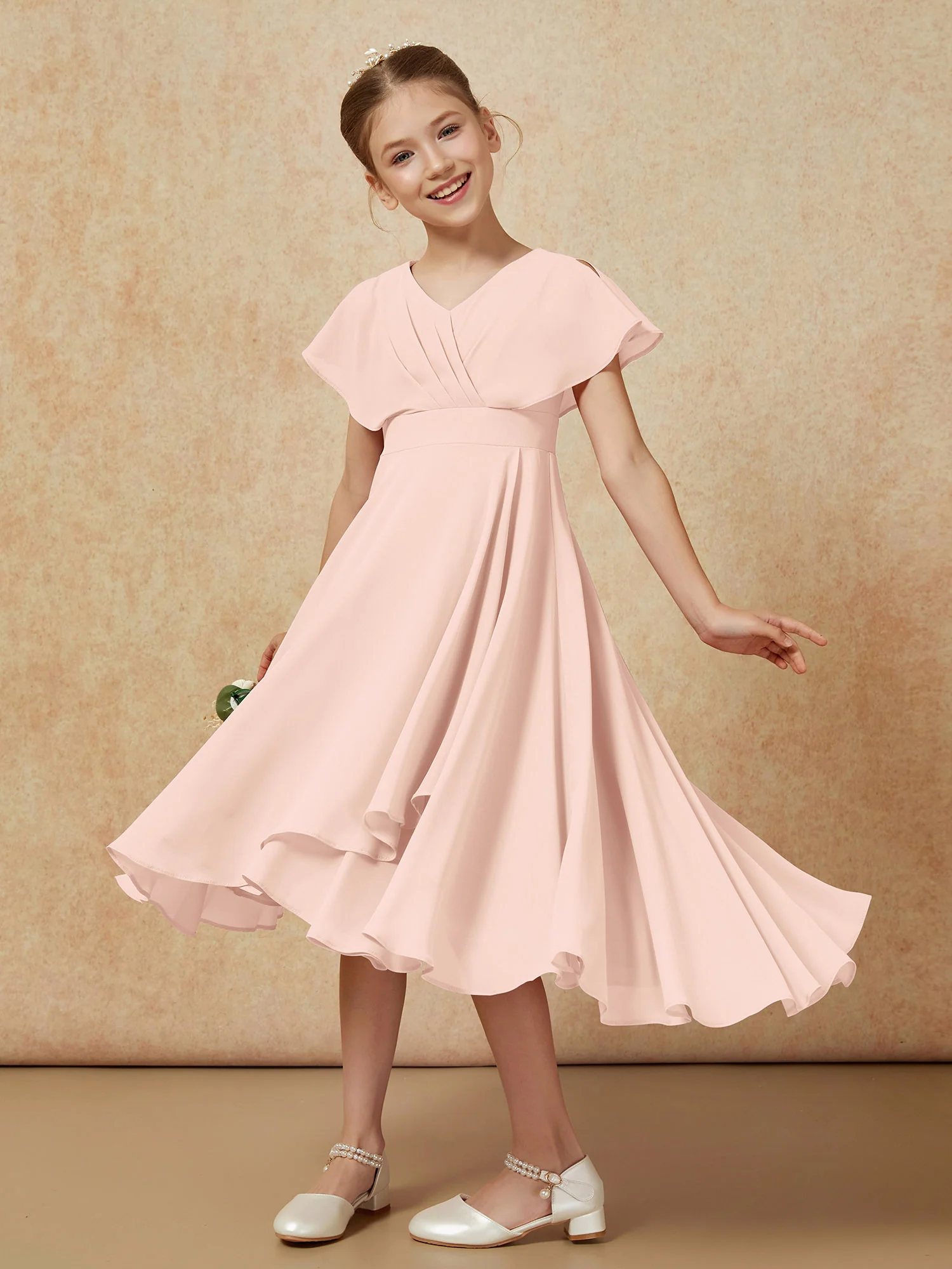 V-neck Chiffon Asymmetrical Junior Bridesmaid Dresses Pearl Pink - Image 4