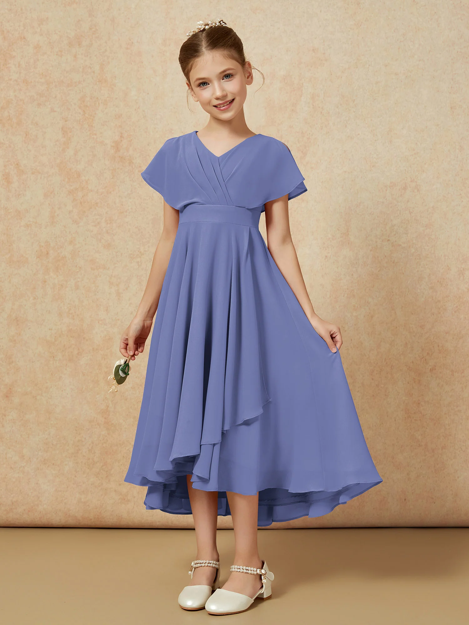 V-neck Chiffon Asymmetrical Junior Bridesmaid Dresses Periwinkle - Image 5