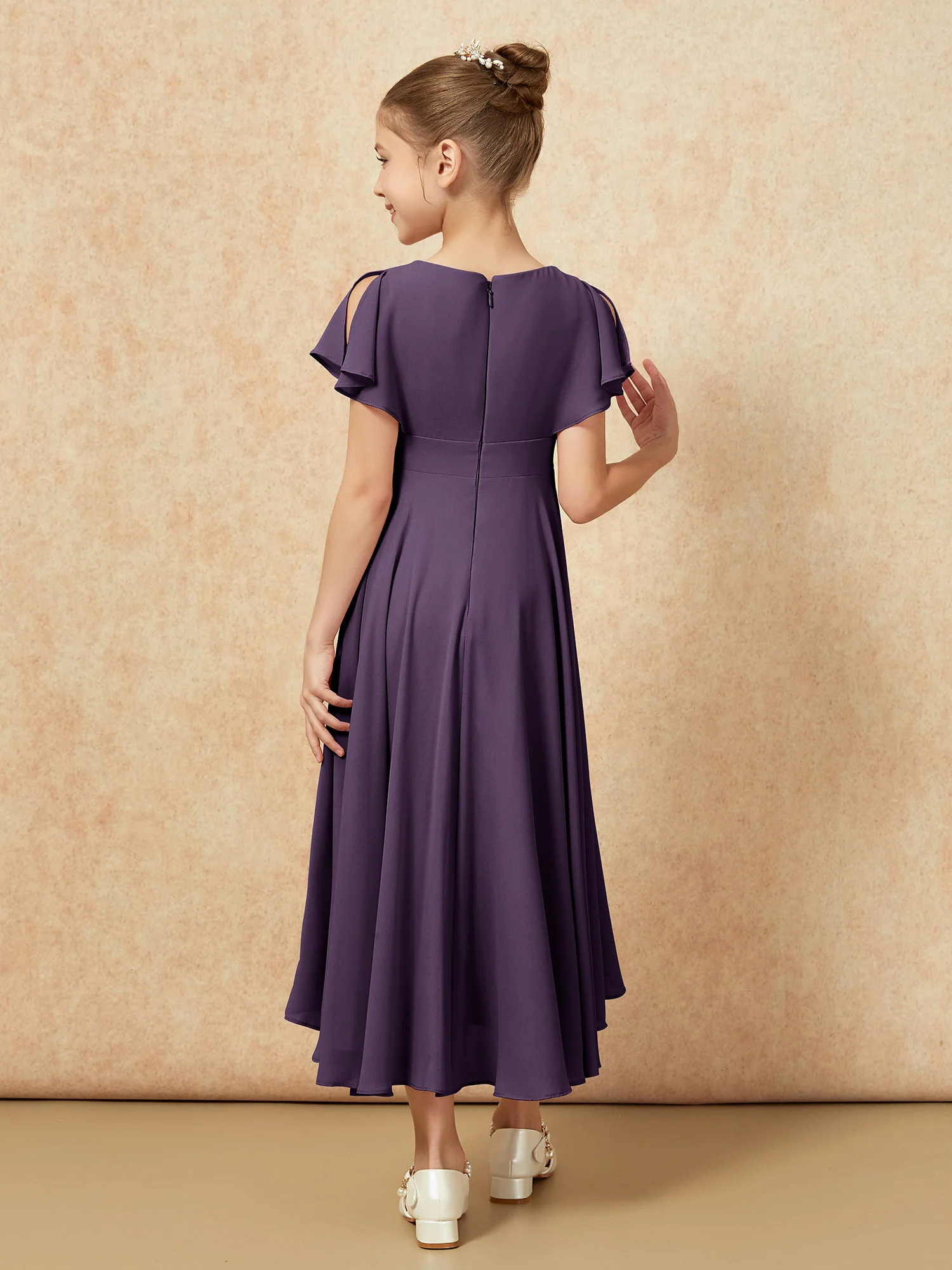 V-neck Chiffon Asymmetrical Junior Bridesmaid Dresses Plum - Image 2