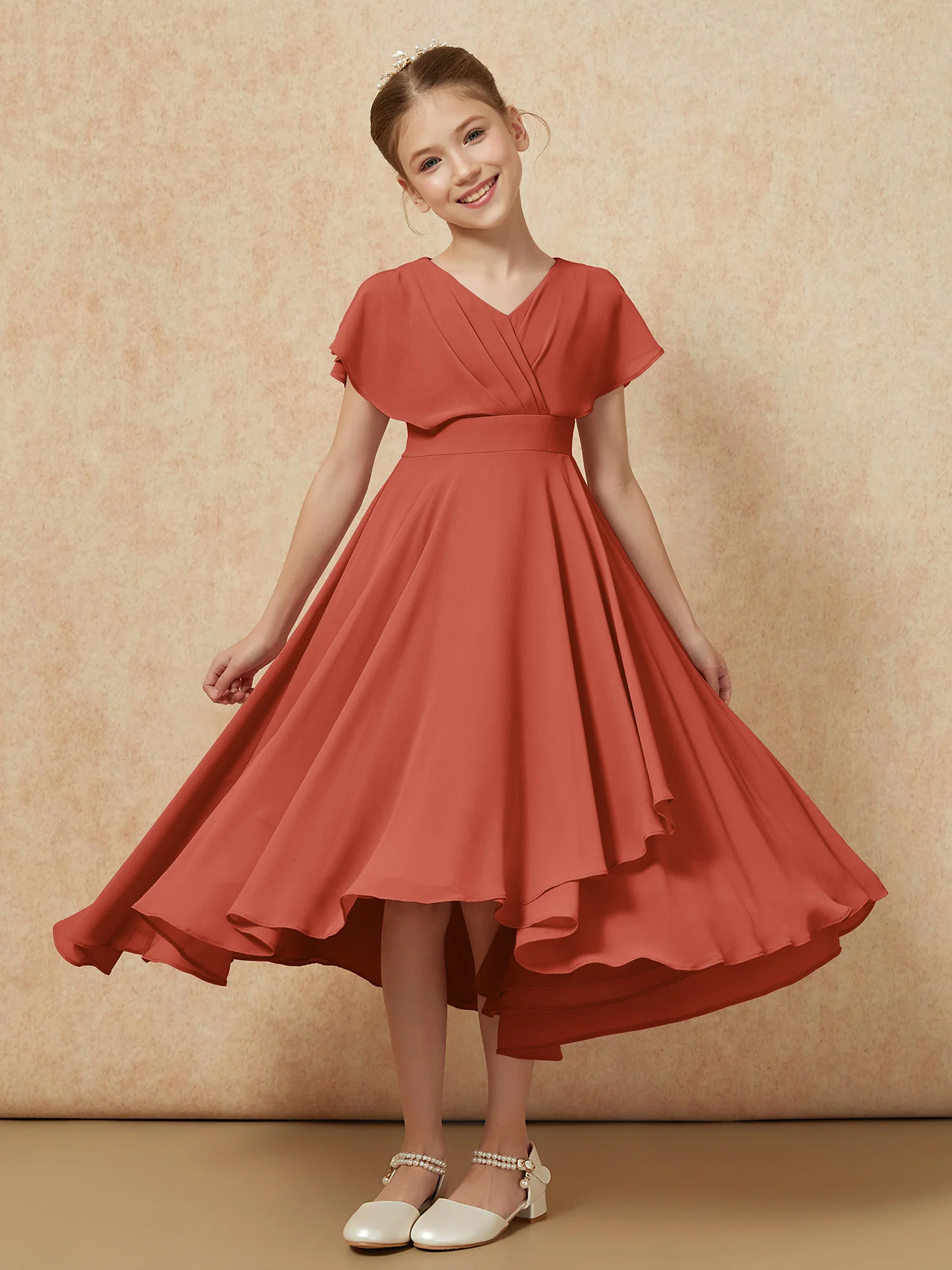 V-neck Chiffon Asymmetrical Junior Bridesmaid Dresses Rust