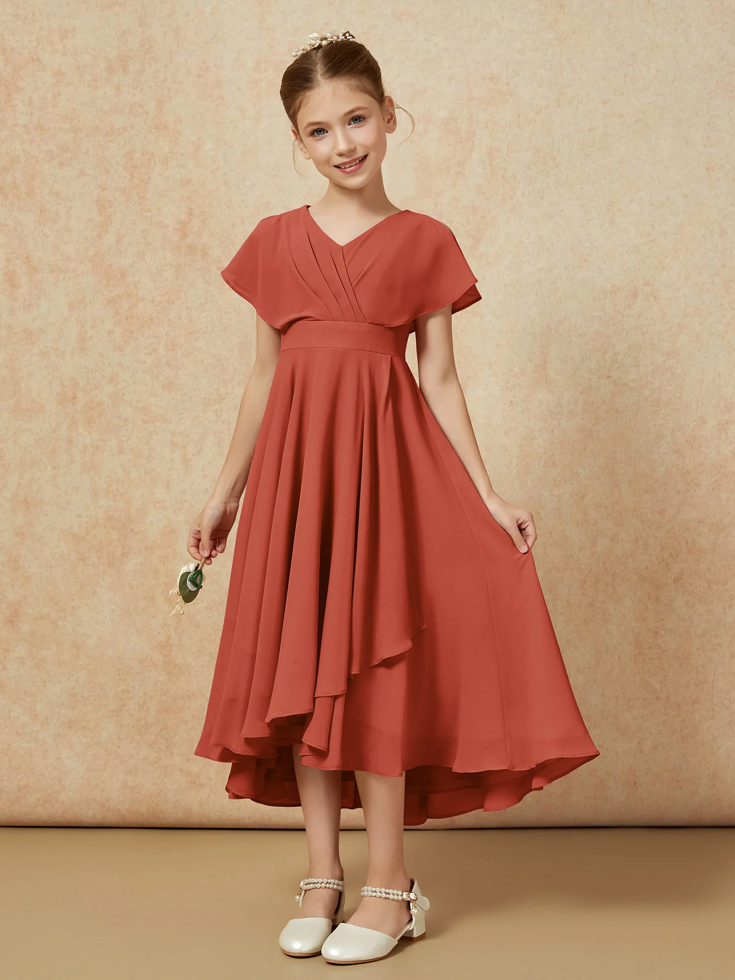 V-neck Chiffon Asymmetrical Junior Bridesmaid Dresses Rust - Image 5