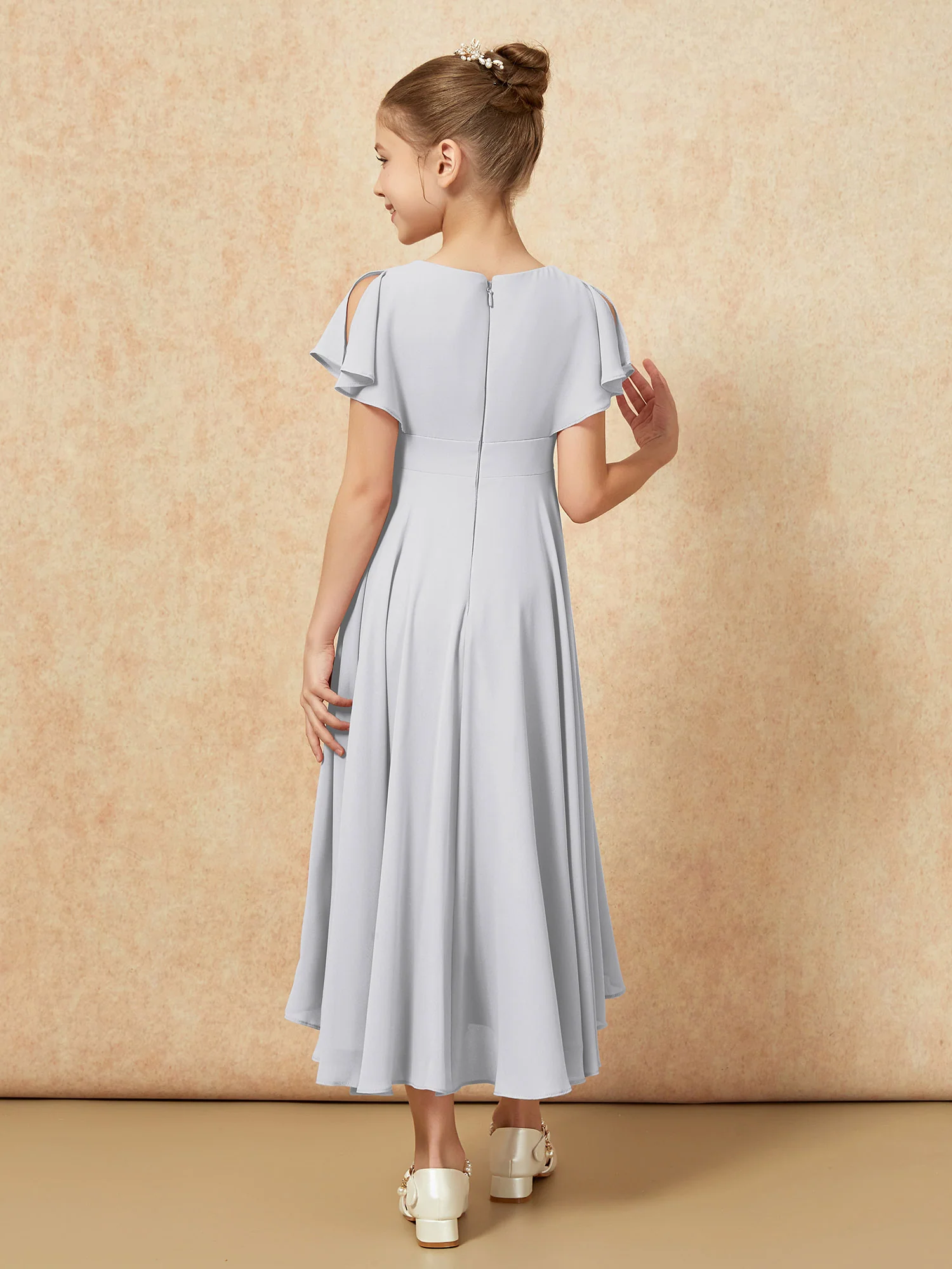 V-neck Chiffon Asymmetrical Junior Bridesmaid Dresses Silver - Image 2