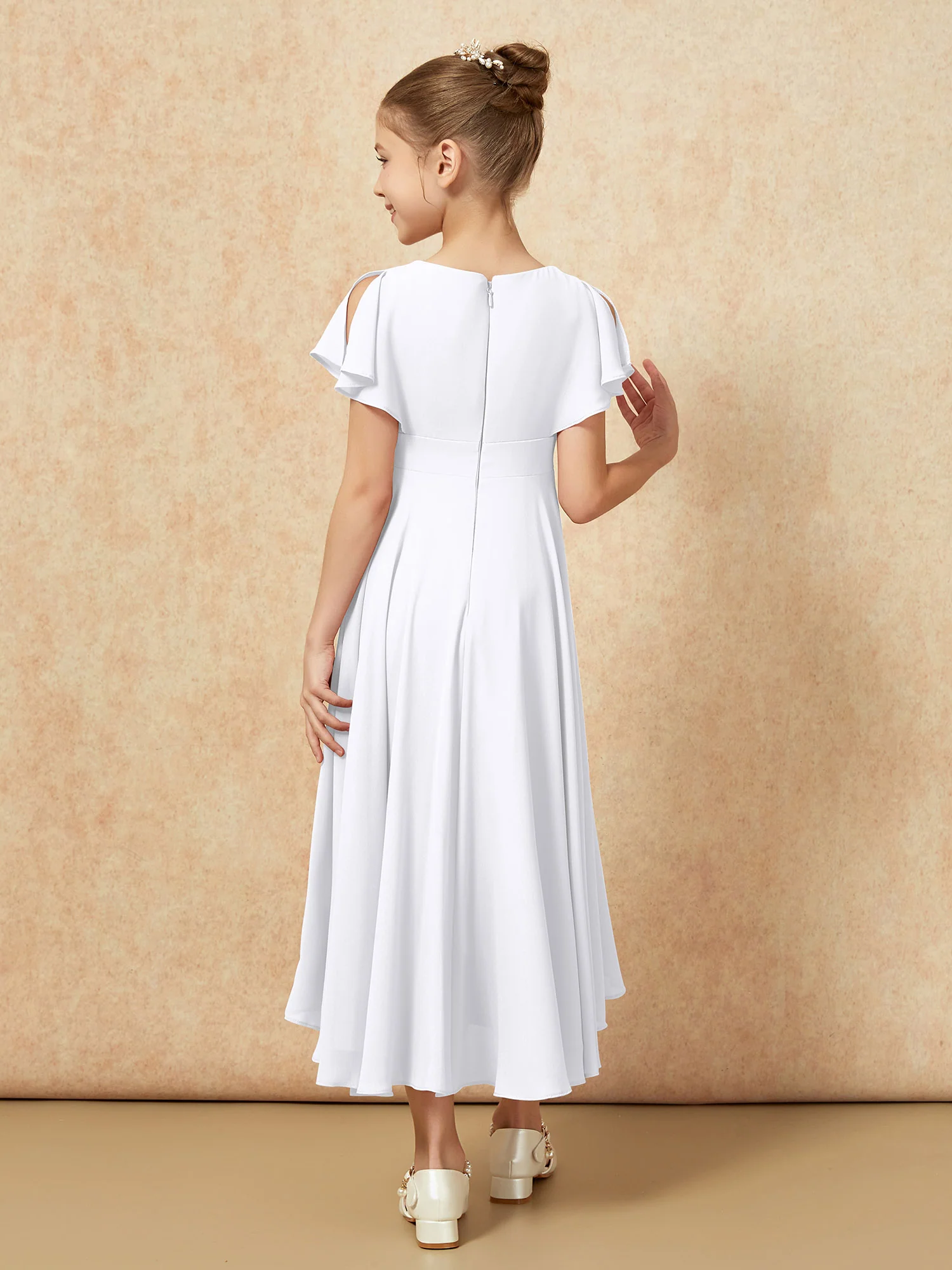 V-neck Chiffon Asymmetrical Junior Bridesmaid Dresses White - Image 2