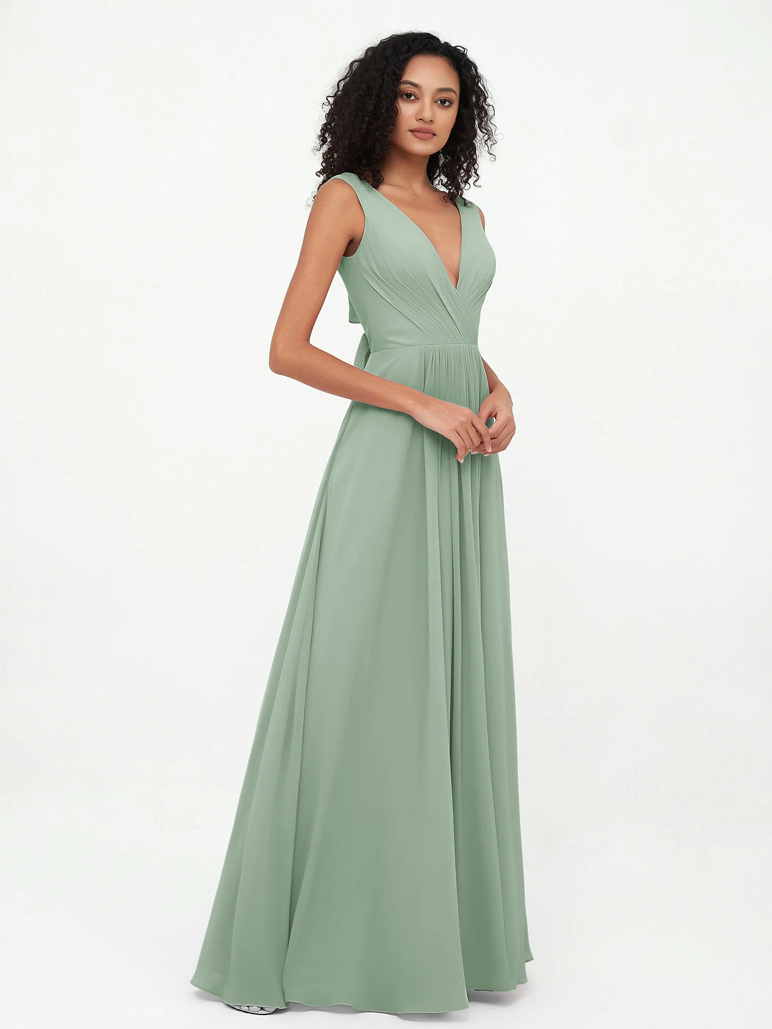 V-neck Chiffon Long Dresses with Pocktes-Agave - Image 3
