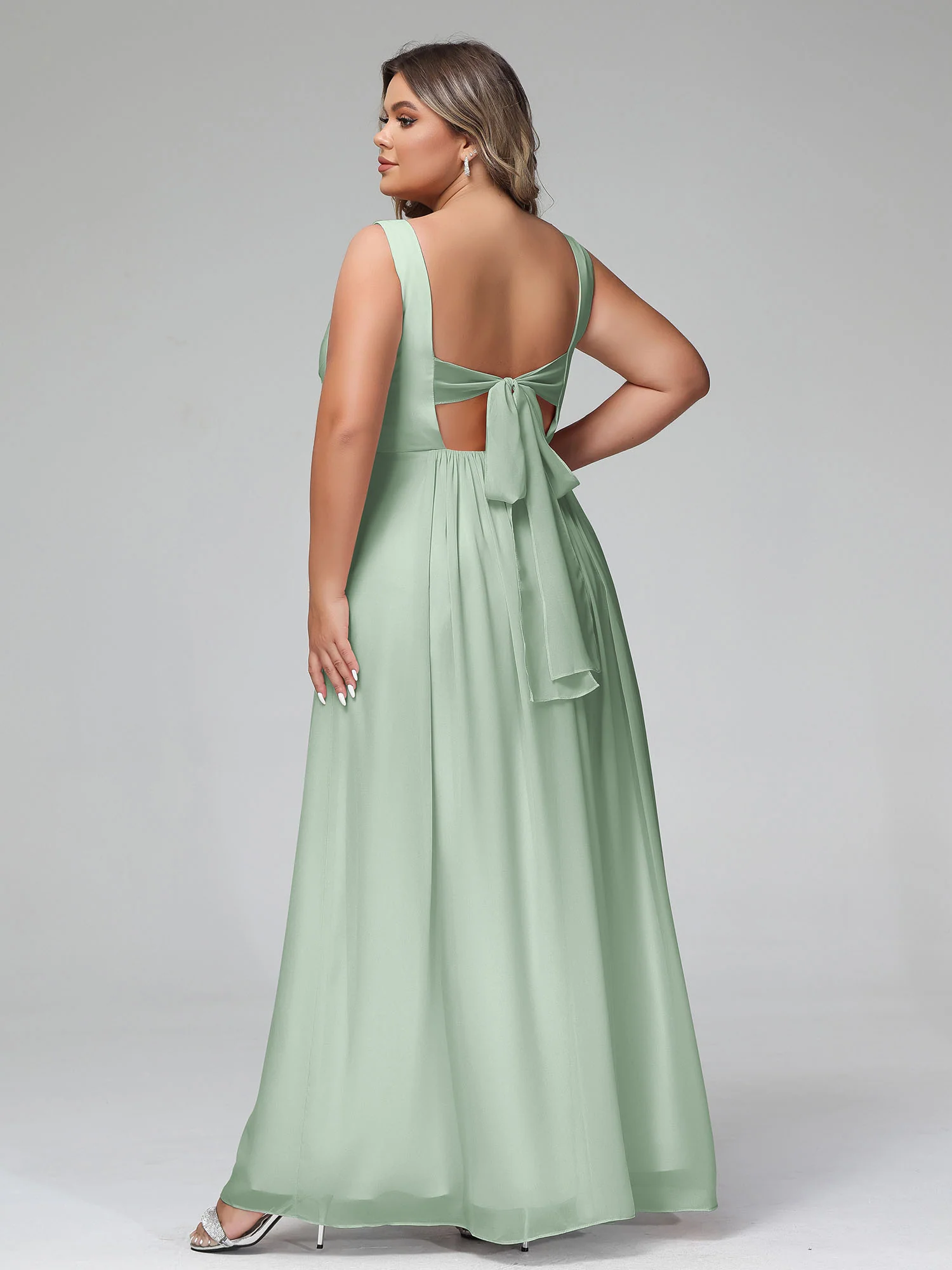 V-neck Chiffon Long Dresses with Pocktes-Agave - Image 7
