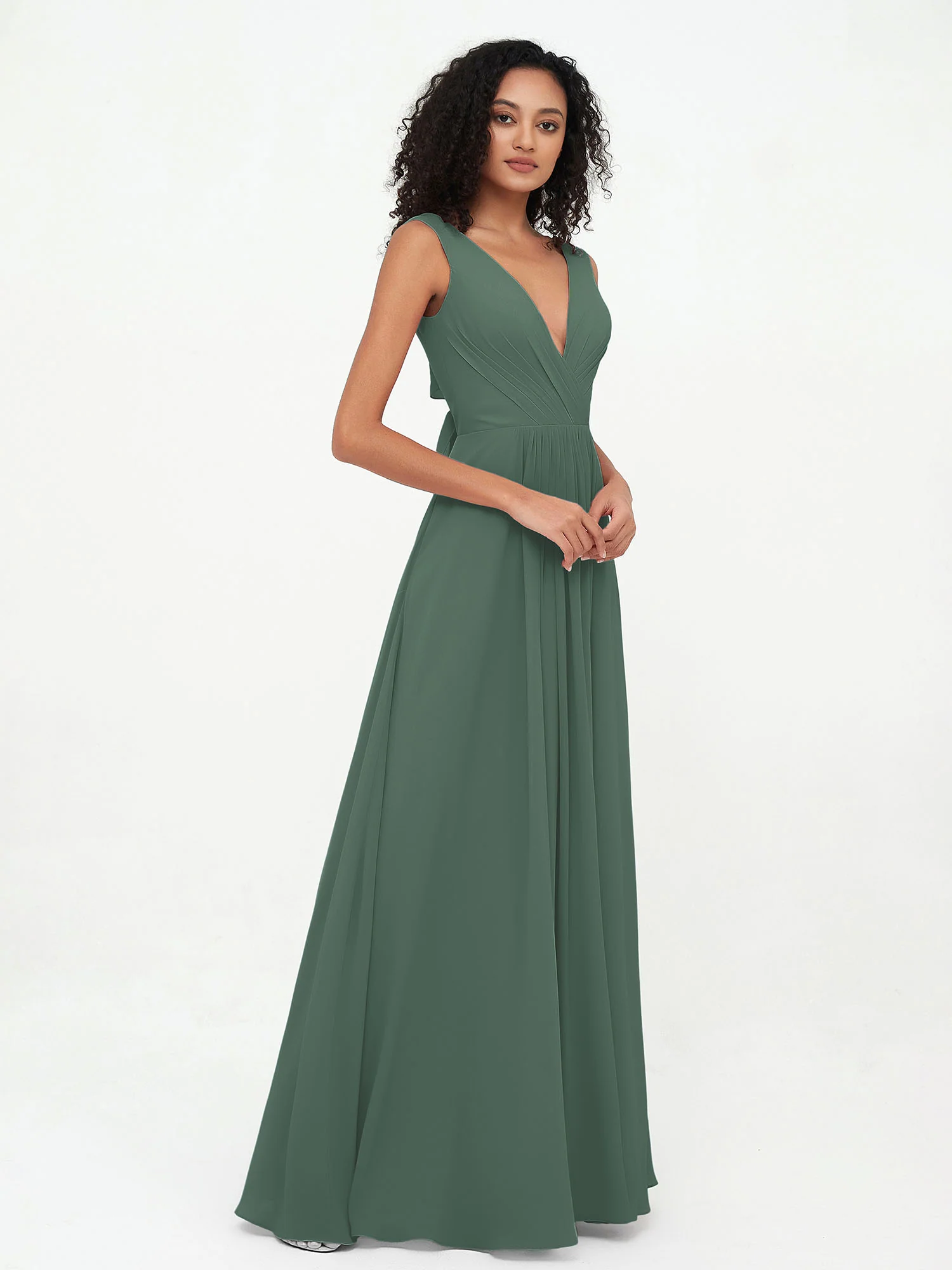 V-neck Chiffon Long Dresses with Pocktes-Eucalyptus - Image 3