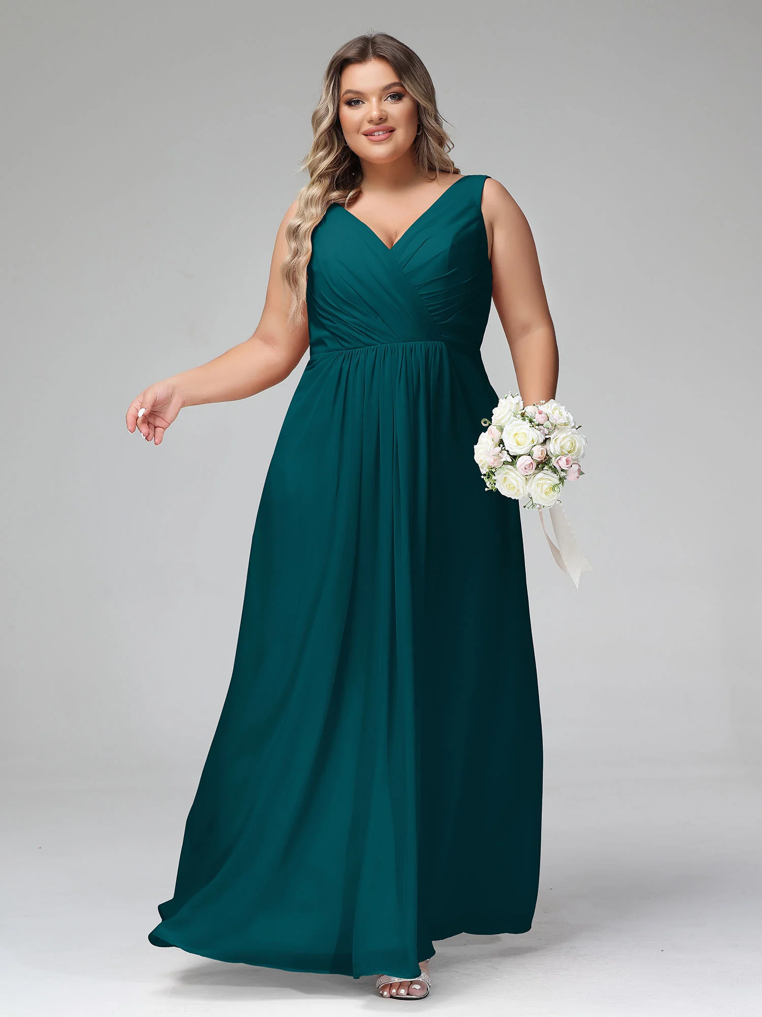 V-neck Chiffon Long Dresses with Pocktes-Pine - Image 6