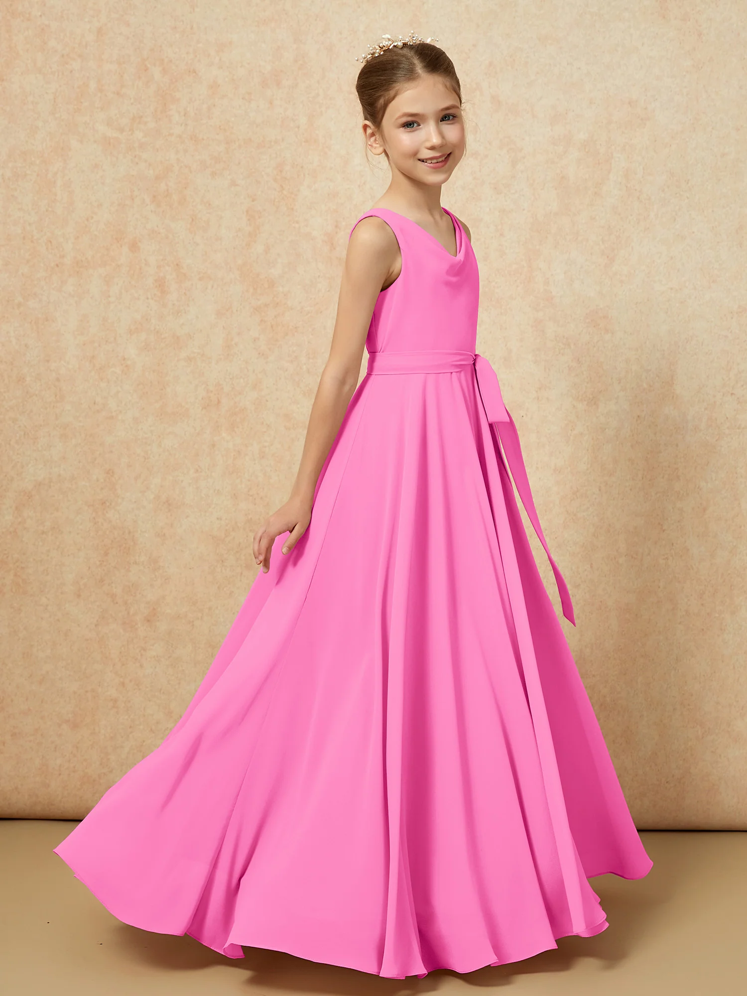 V-neck Chiffon Long Junior Bridesmaid Dress With Belt Azalea - Image 3