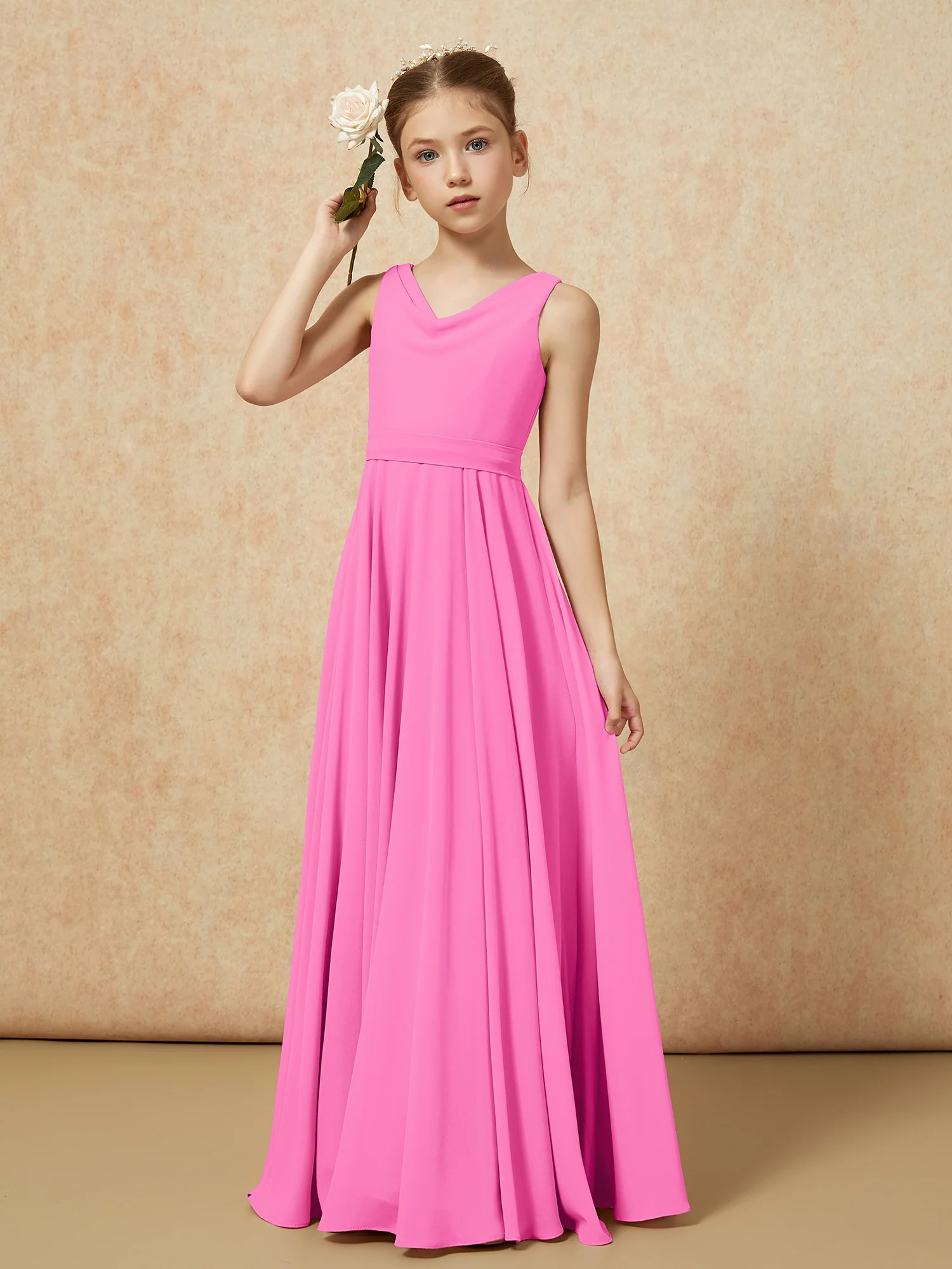 V-neck Chiffon Long Junior Bridesmaid Dress With Belt Azalea - Image 4