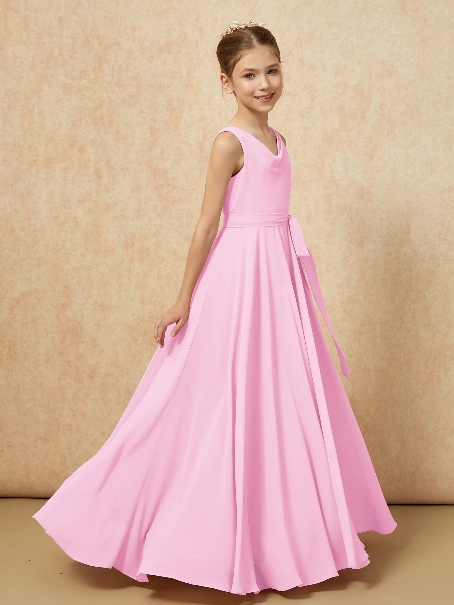 V-neck Chiffon Long Junior Bridesmaid Dress With Belt Candy Pink - Image 3