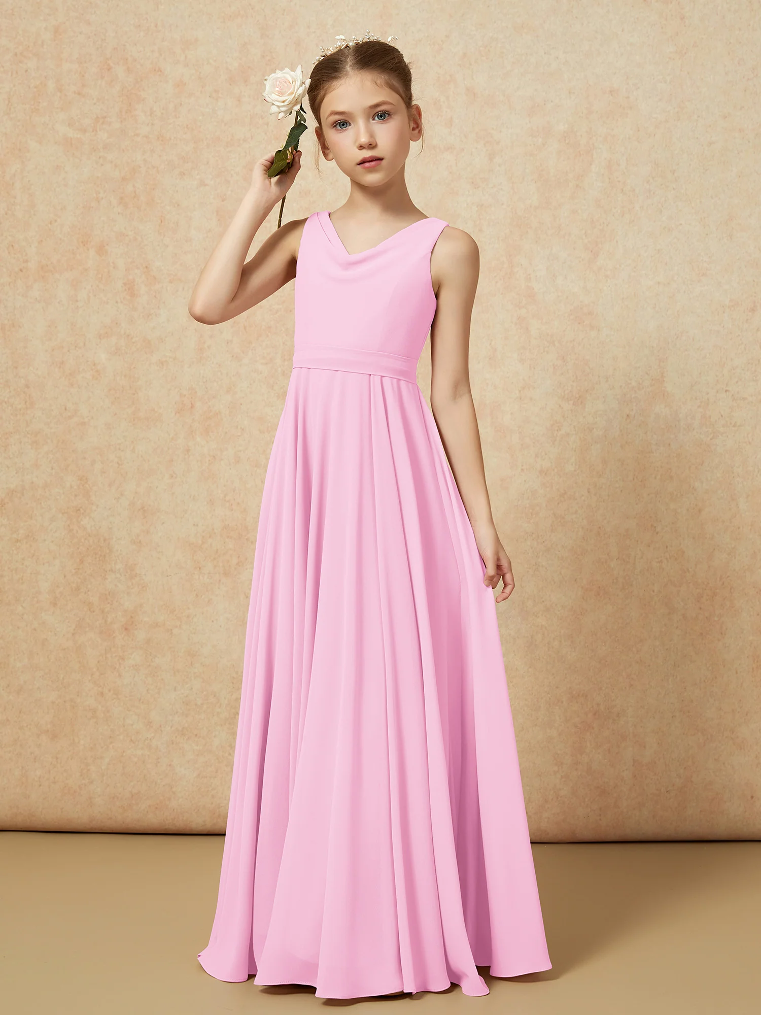 V-neck Chiffon Long Junior Bridesmaid Dress With Belt Candy Pink - Image 4