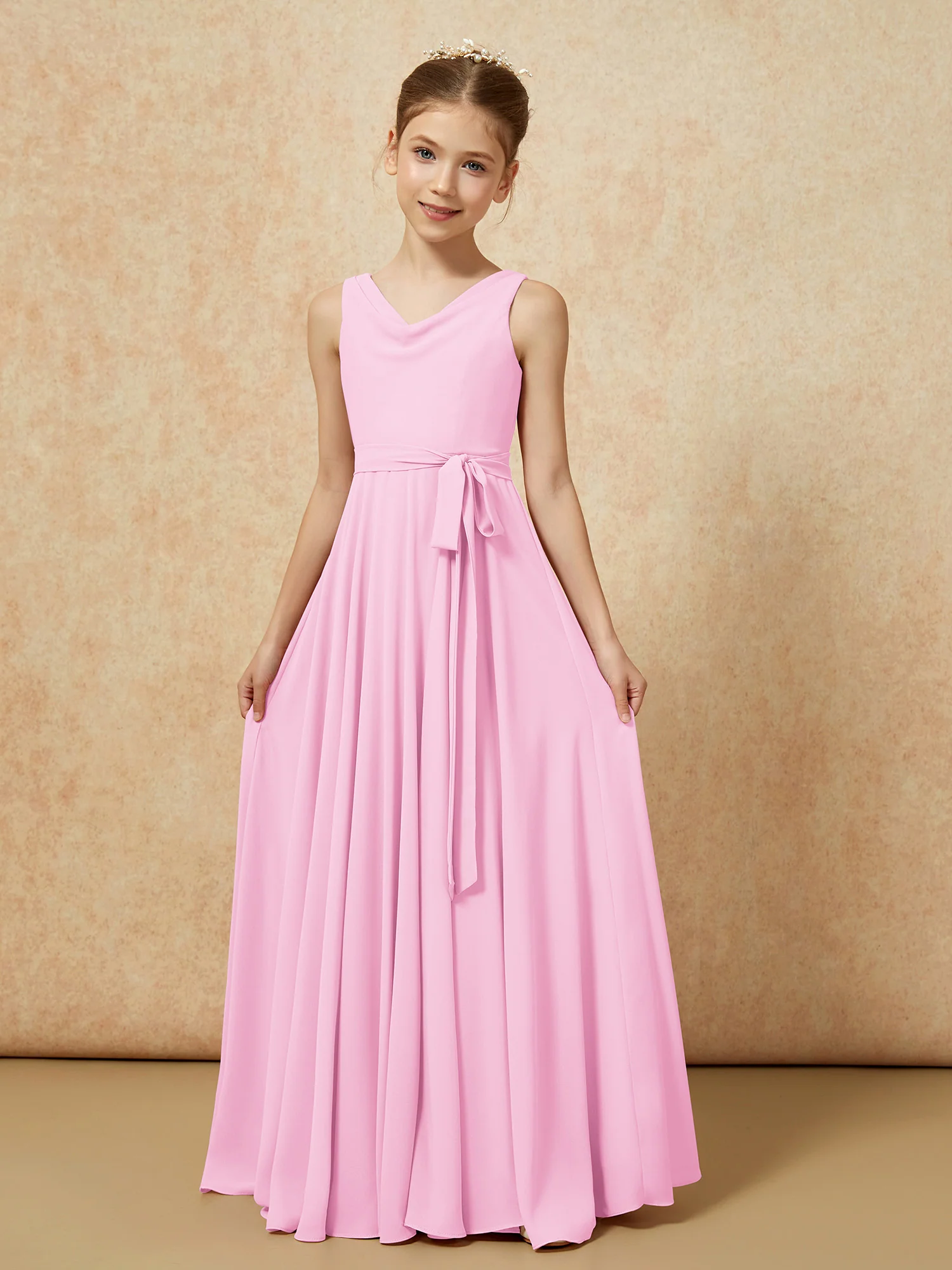 V-neck Chiffon Long Junior Bridesmaid Dress With Belt Candy Pink - Image 5