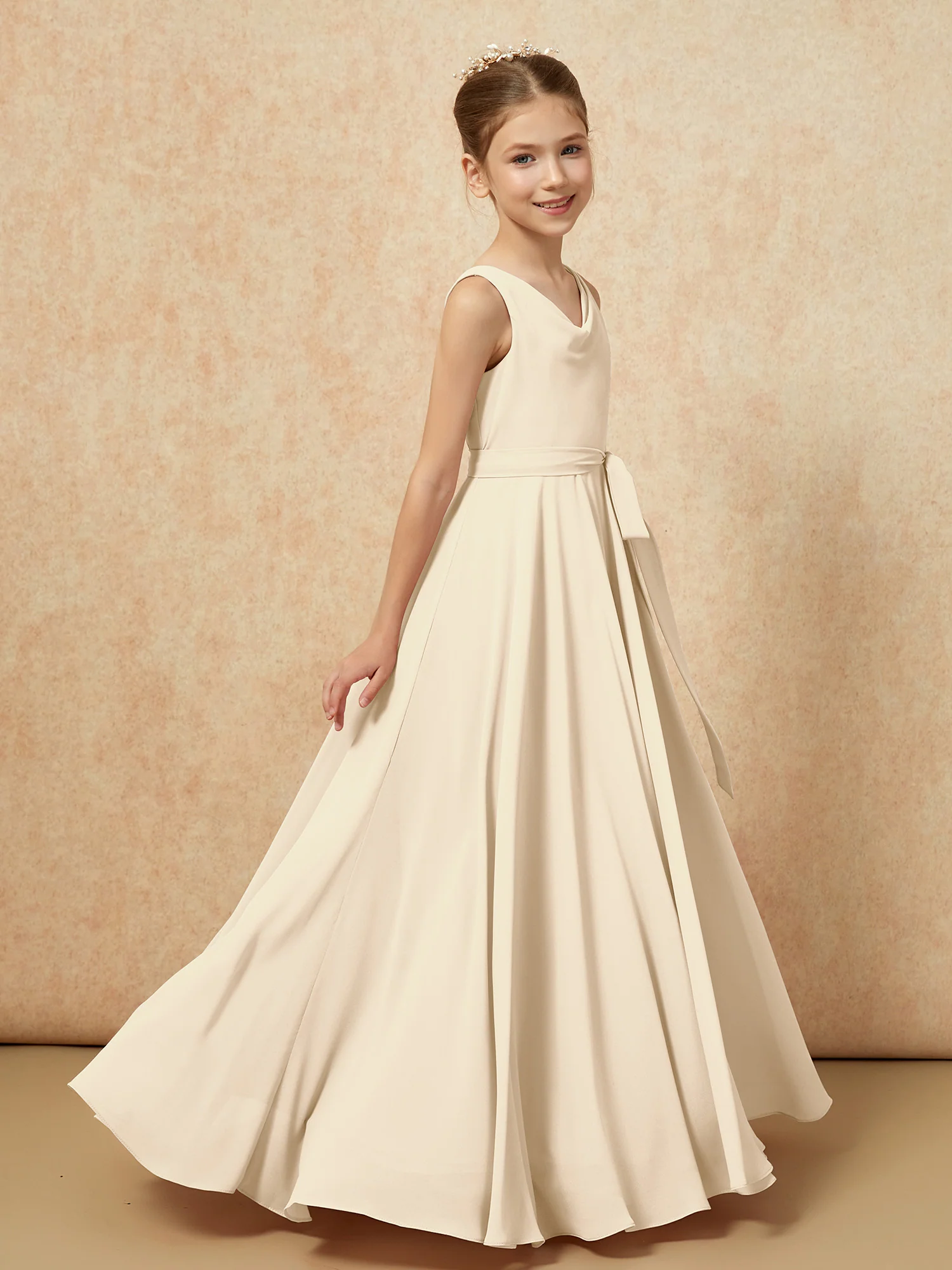 V-neck Chiffon Long Junior Bridesmaid Dress With Belt Champagne - Image 3