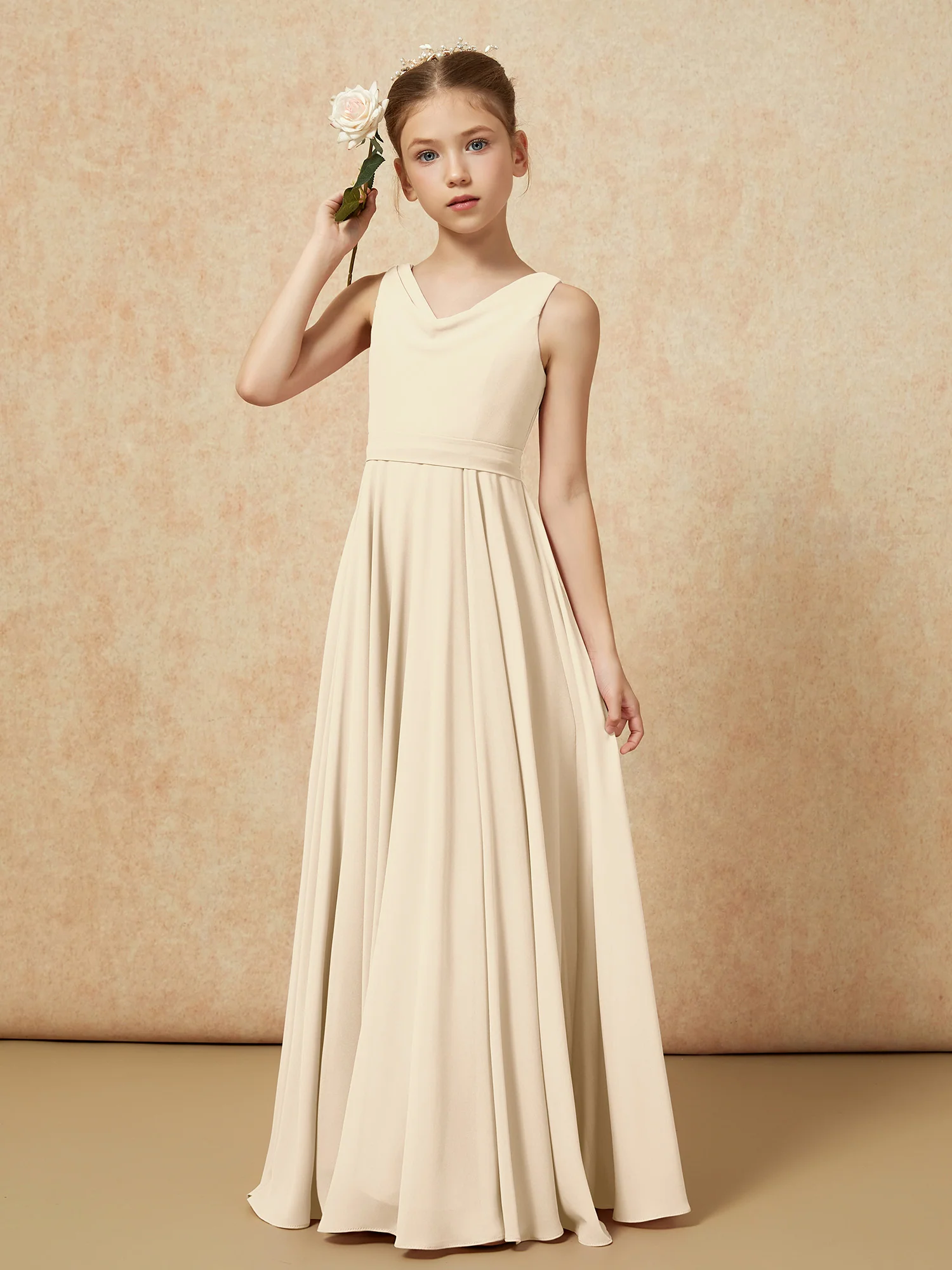 V-neck Chiffon Long Junior Bridesmaid Dress With Belt Champagne - Image 4