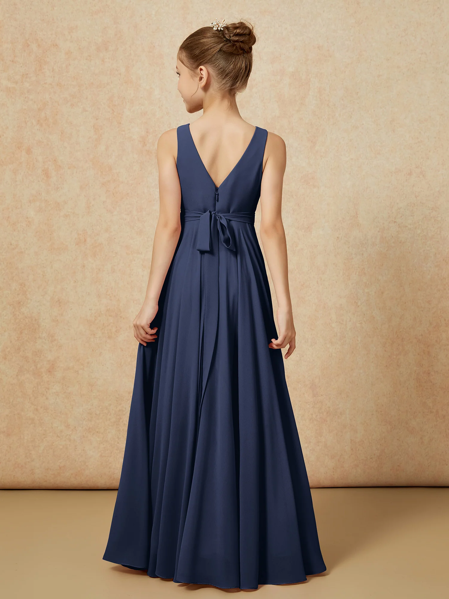 V-neck Chiffon Long Junior Bridesmaid Dress With Belt Dark Navy - Image 2