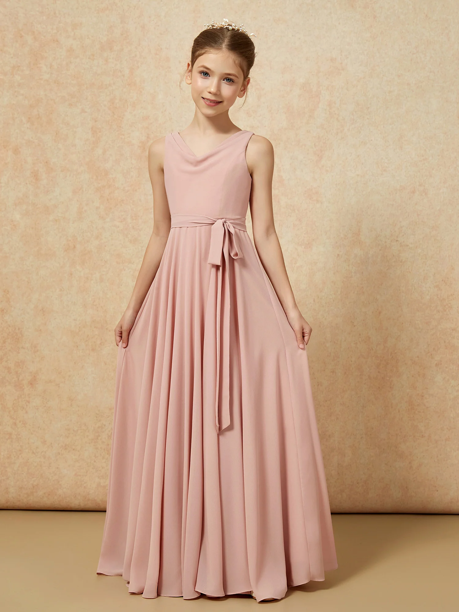 V-neck Chiffon Long Junior Bridesmaid Dress With Belt Dusty Rose - Image 5
