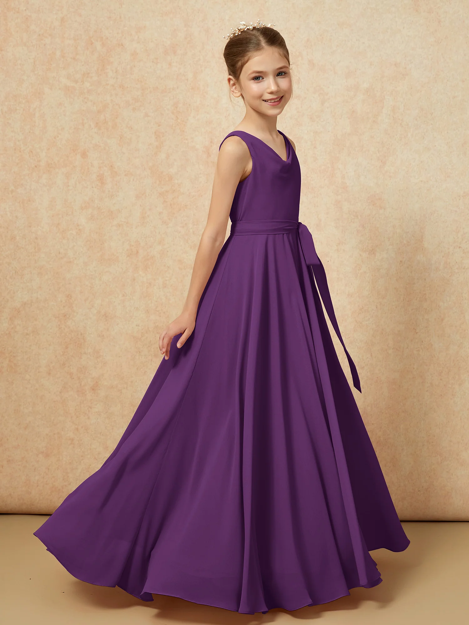 V-neck Chiffon Long Junior Bridesmaid Dress With Belt Grape - Image 3