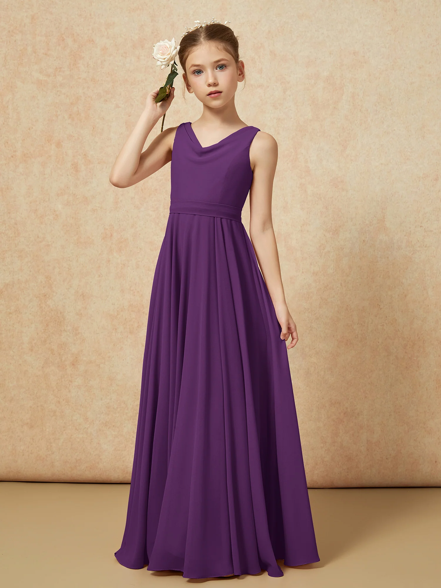 V-neck Chiffon Long Junior Bridesmaid Dress With Belt Grape - Image 4