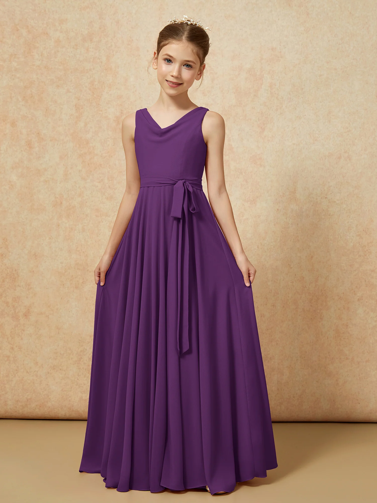 V-neck Chiffon Long Junior Bridesmaid Dress With Belt Grape - Image 5