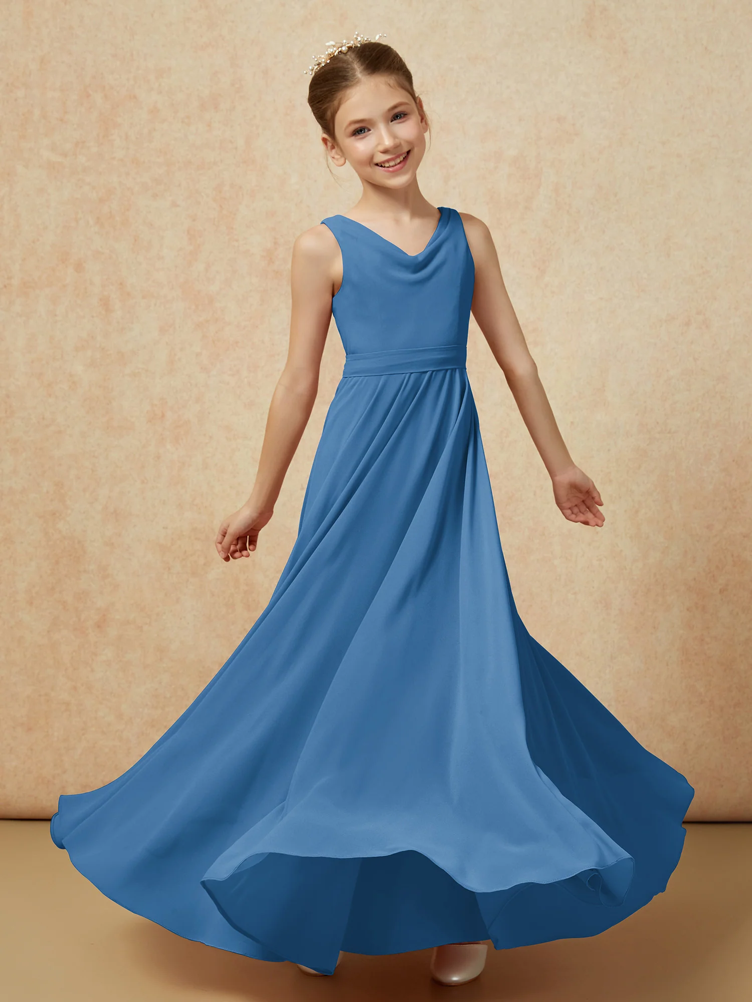 V-neck Chiffon Long Junior Bridesmaid Dress With Belt Ink Blue - Image 6