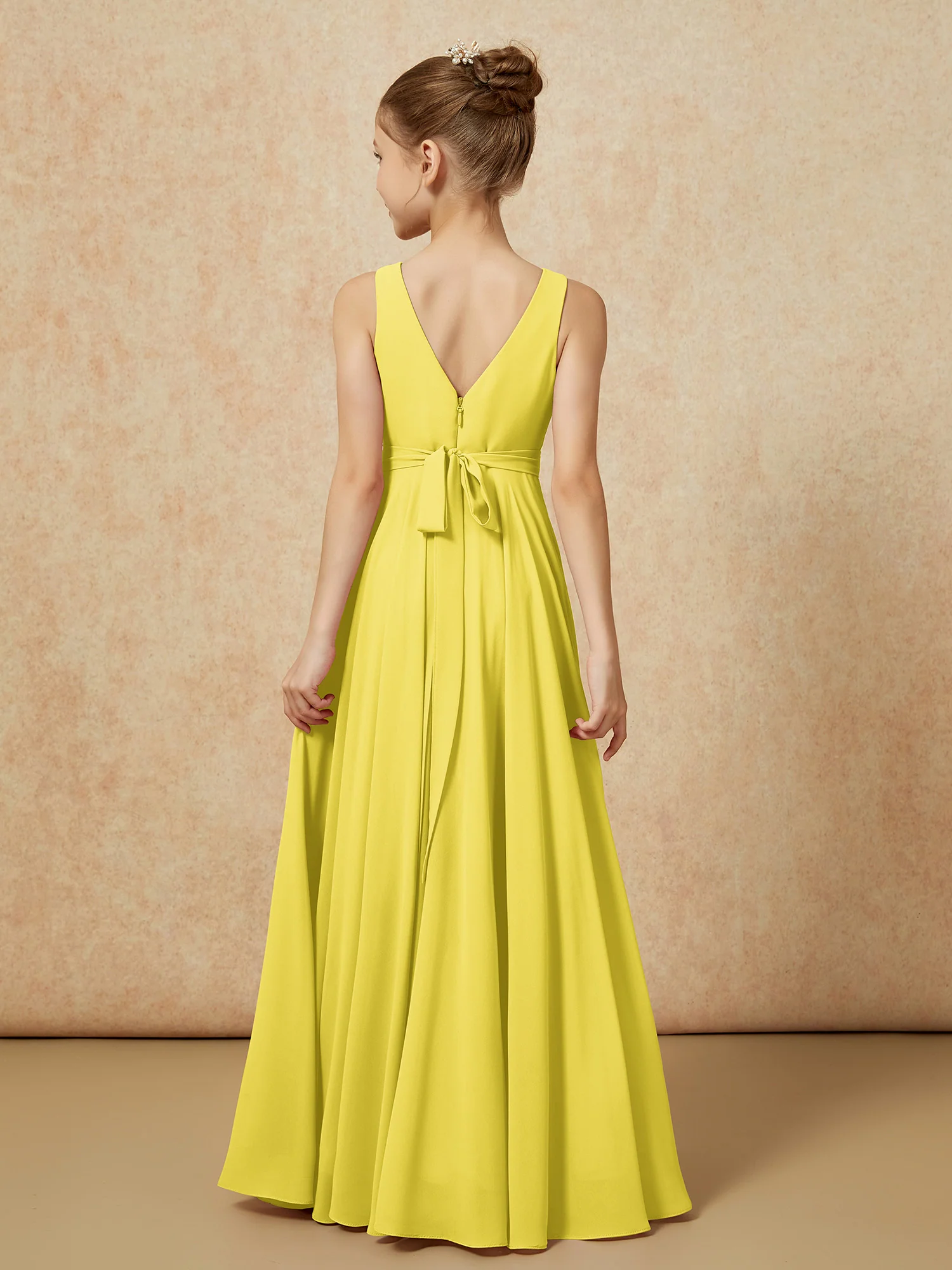 V-neck Chiffon Long Junior Bridesmaid Dress With Belt Lemon - Image 2