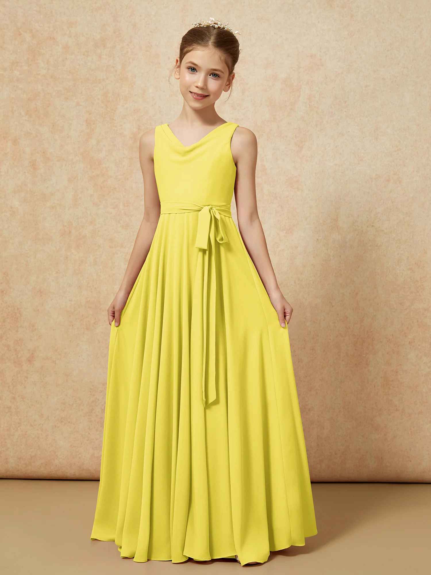 V-neck Chiffon Long Junior Bridesmaid Dress With Belt Lemon - Image 5
